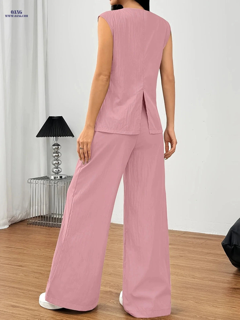 Women's Elegant Urban Commuter Set - Sleeveless Vest & Wide Leg Pants   OAXG pink color / S
