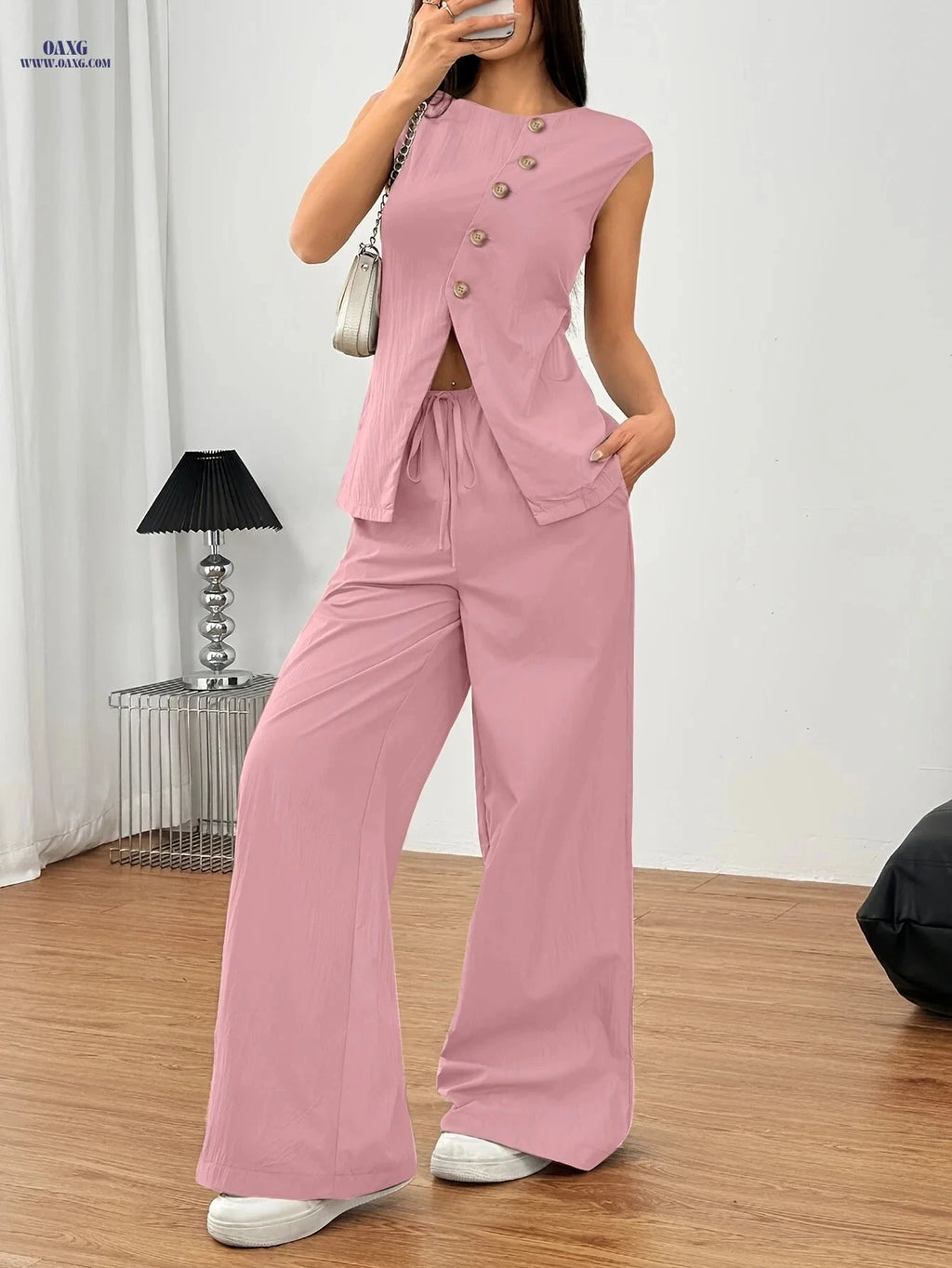 Women's Elegant Urban Commuter Set - Sleeveless Vest & Wide Leg Pants   OAXG pink color / S