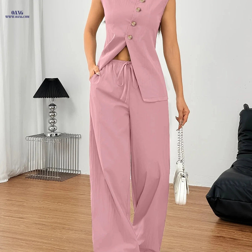 Women's Elegant Urban Commuter Set - Sleeveless Vest & Wide Leg Pants   OAXG pink color / S