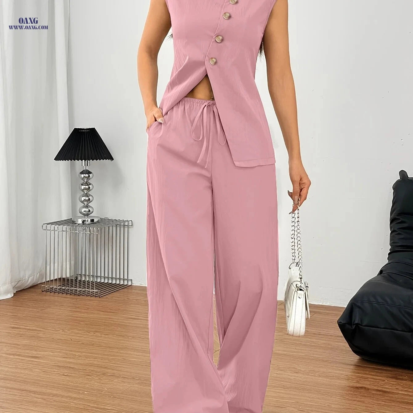 Women's Elegant Urban Commuter Set - Sleeveless Vest & Wide Leg Pants   OAXG pink color / S