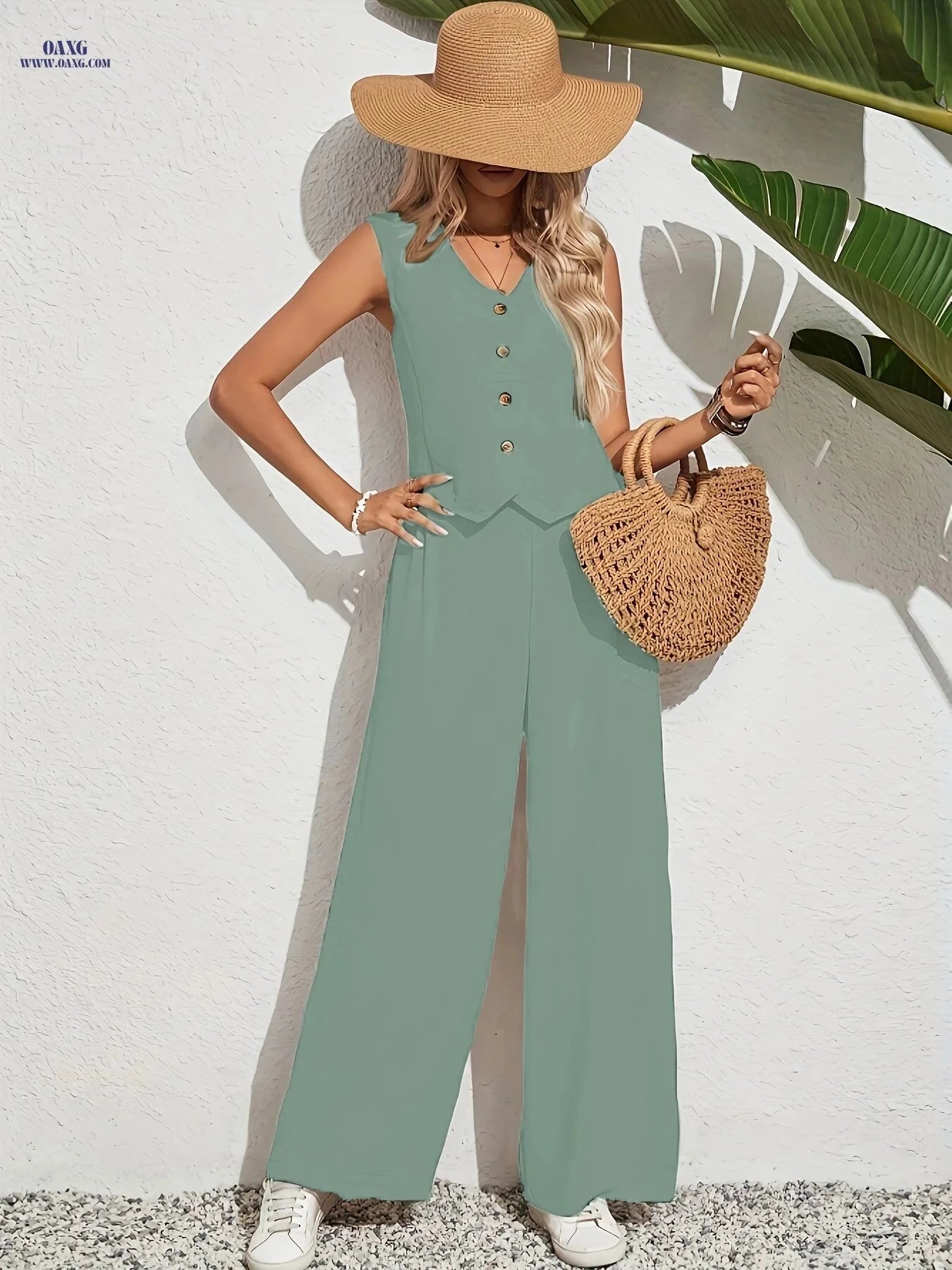 Women's Elegant V-Neck 2pcs Set - Casual Spring/Summer Outfit   OAXG Navy Color / XL