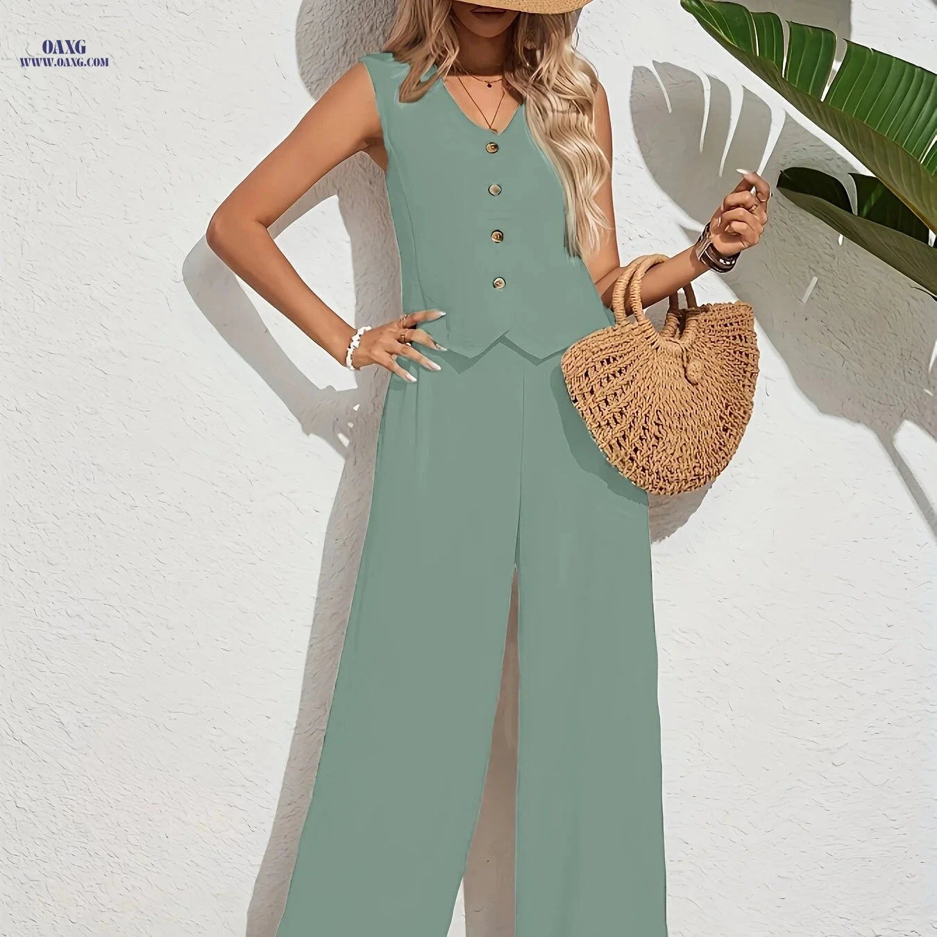Women's Elegant V-Neck 2pcs Set - Casual Spring/Summer Outfit   OAXG 