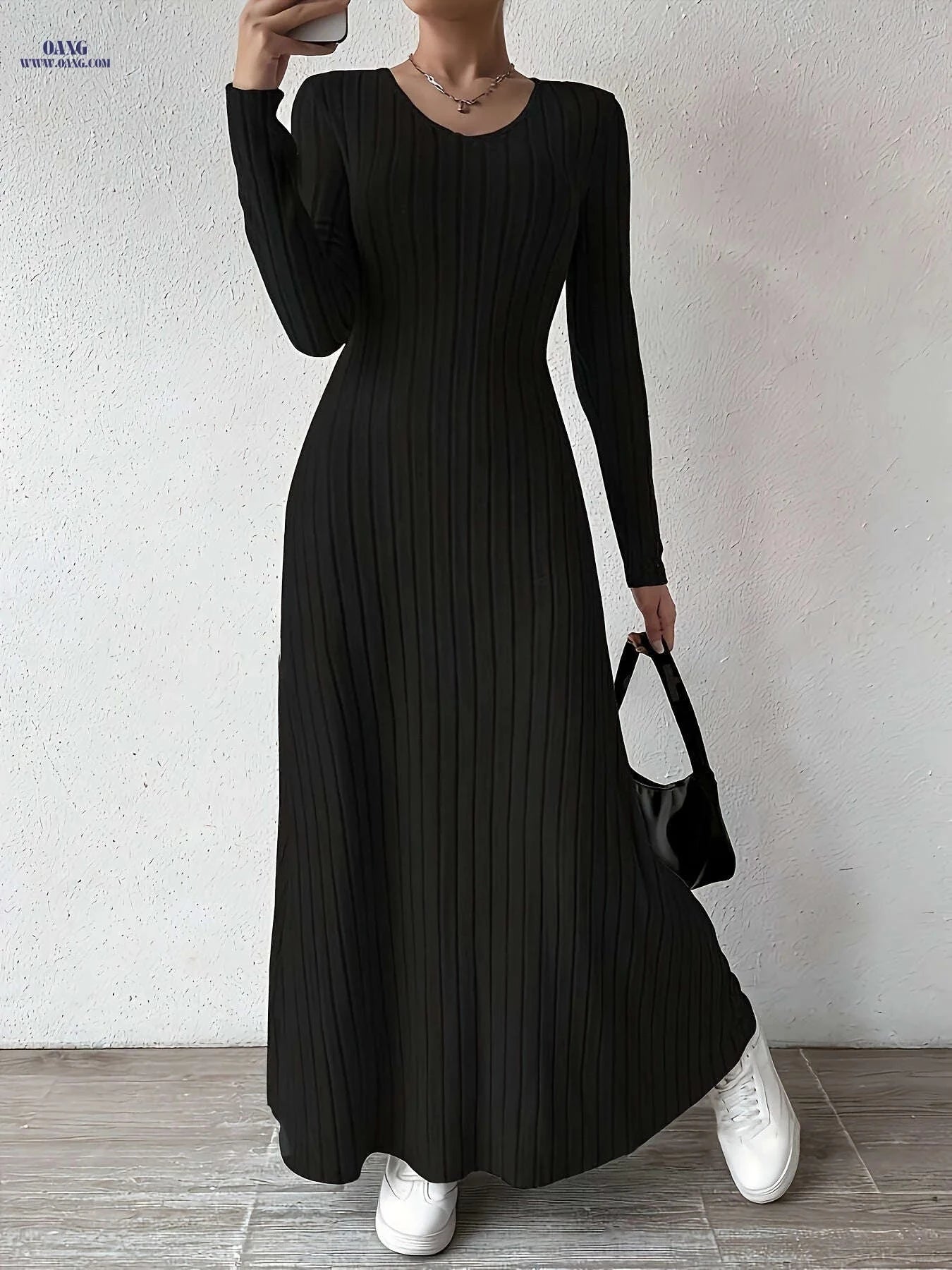 Women's Elegant V-Neck A-Line Dress - Long Sleeve, Fall Fashion   OAXG 