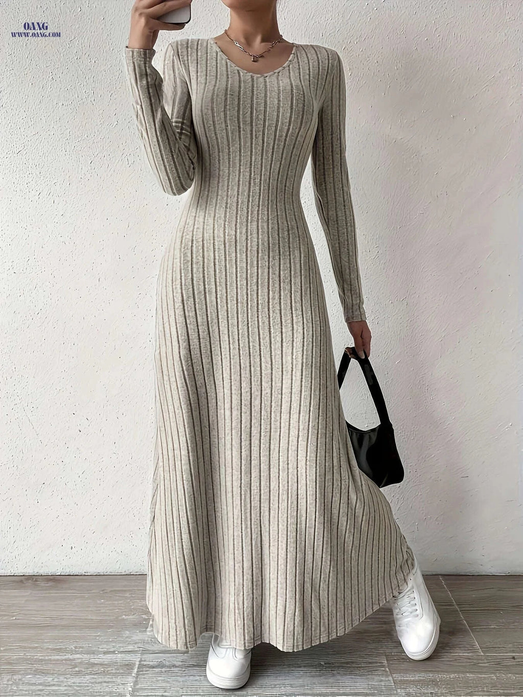Women's Elegant V-Neck A-Line Dress - Long Sleeve, Fall Fashion   OAXG 