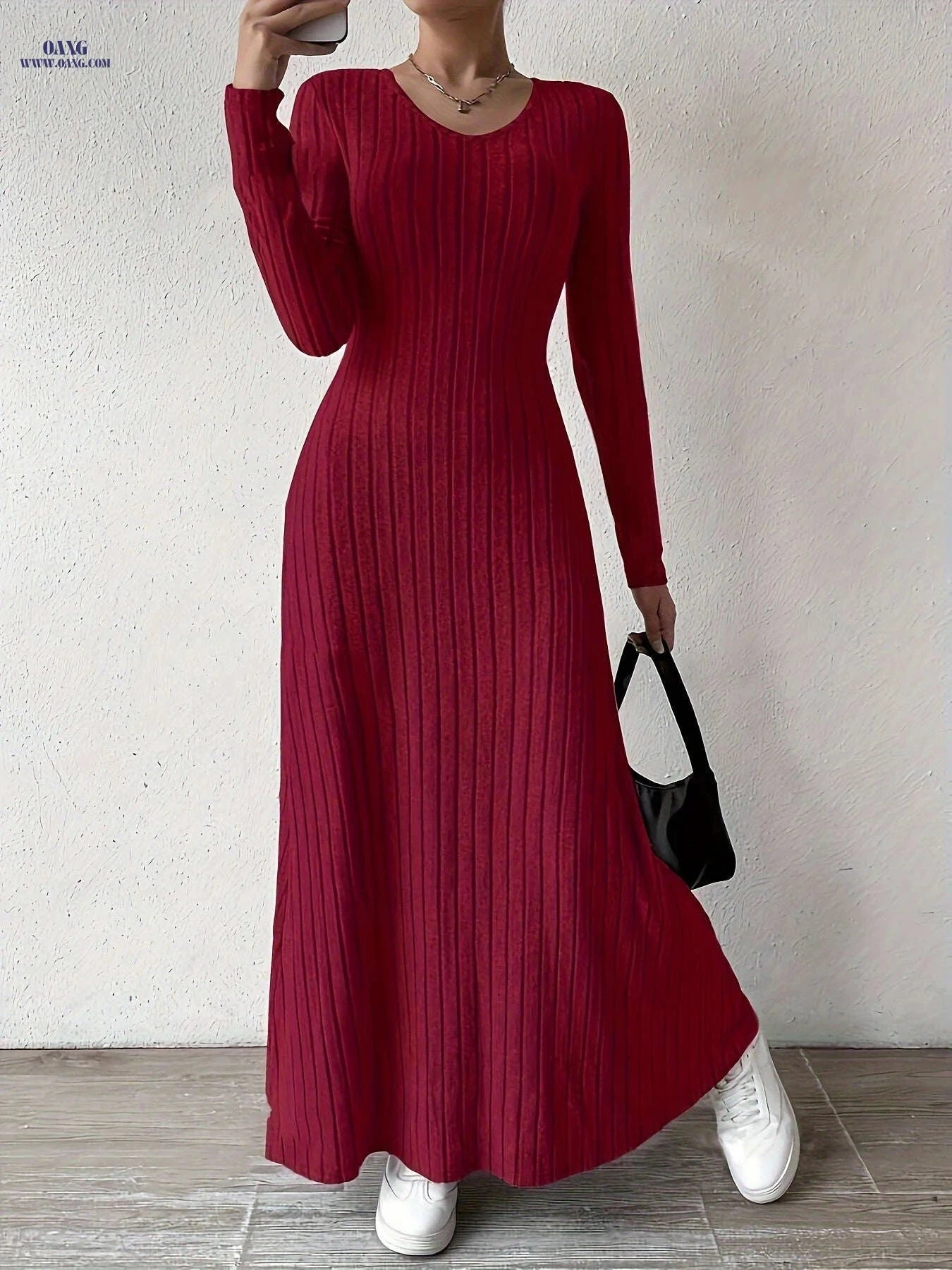 Women's Elegant V-Neck A-Line Dress - Long Sleeve, Fall Fashion   OAXG 