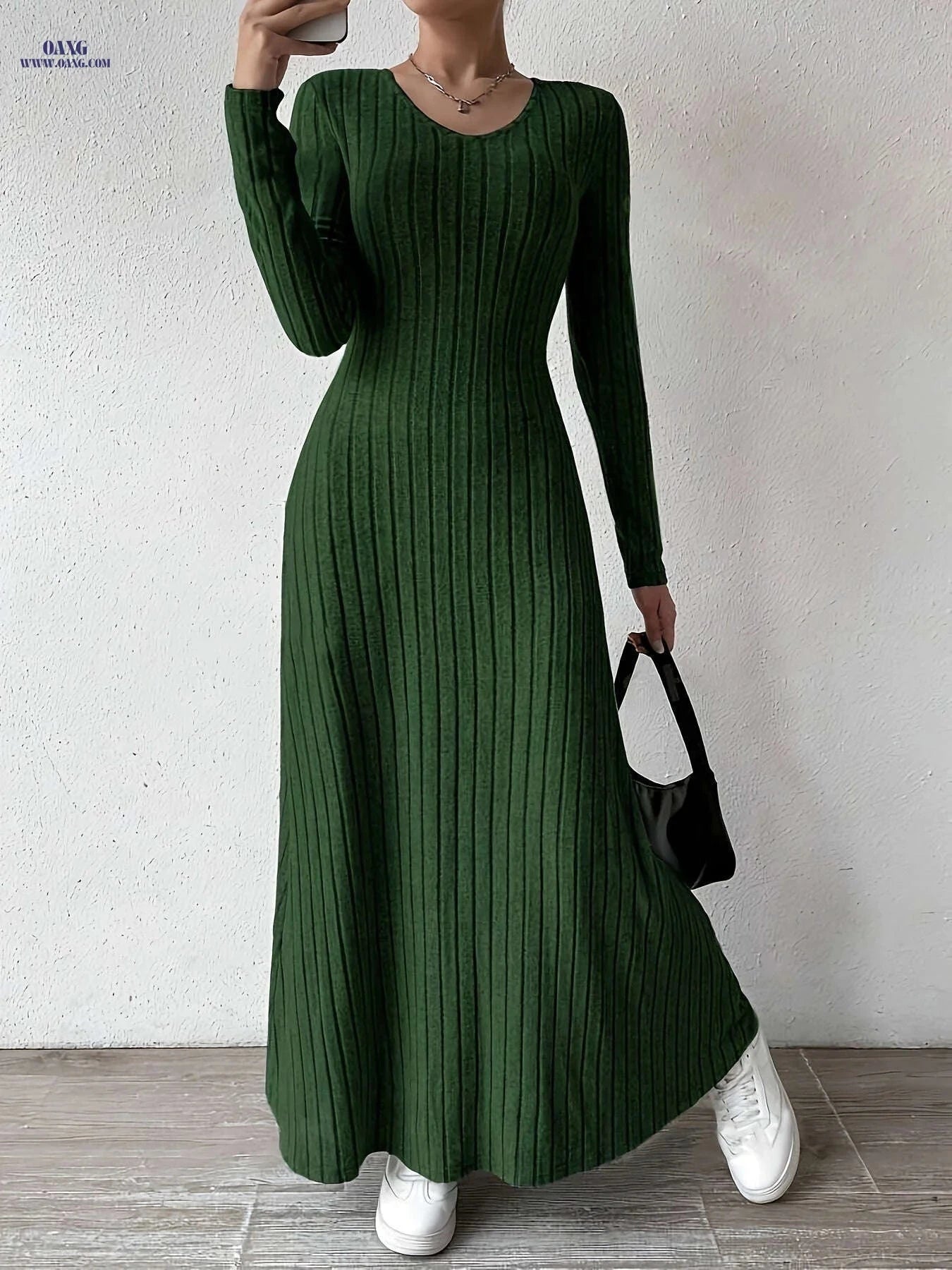 Women's Elegant V-Neck A-Line Dress - Long Sleeve, Fall Fashion   OAXG 
