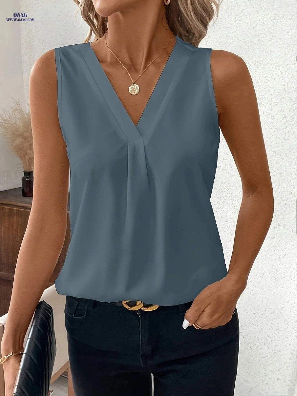 Women's Elegant V-Neck Blouse - 100% Polyester, Sleeveless Top   OAXG White / S