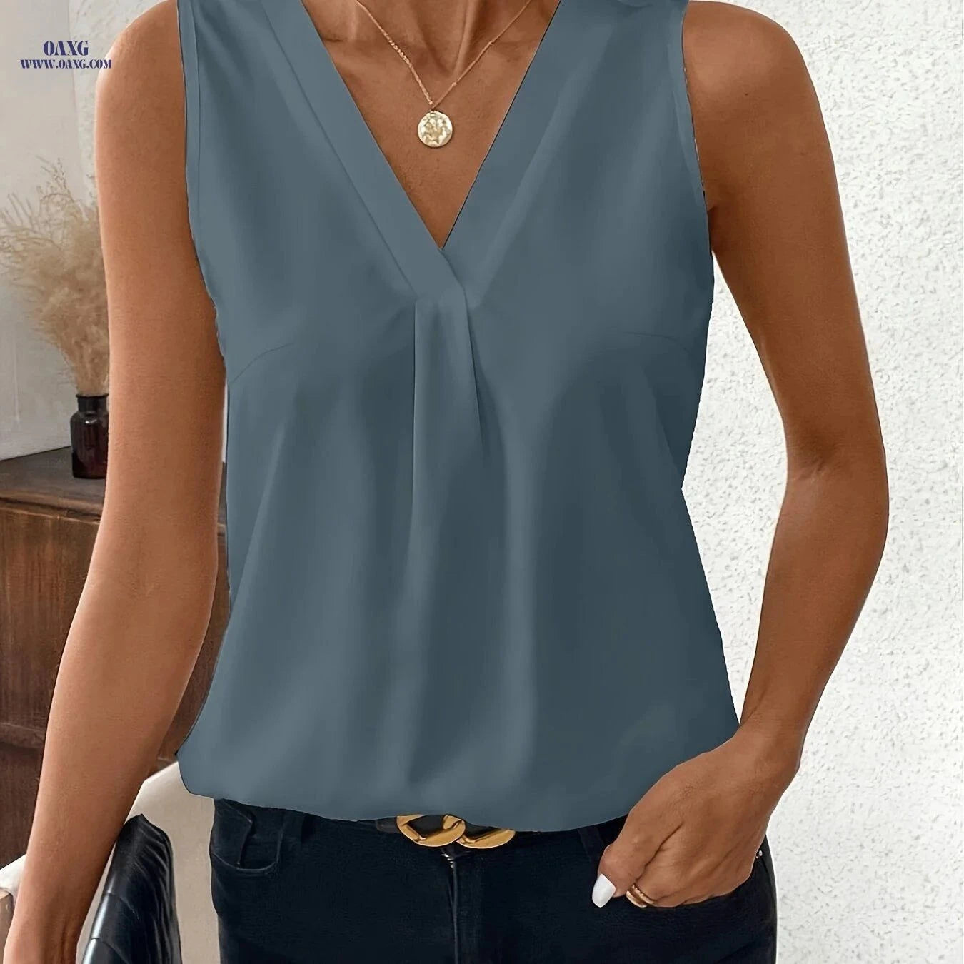 Women's Elegant V-Neck Blouse - 100% Polyester, Sleeveless Top   OAXG White / S