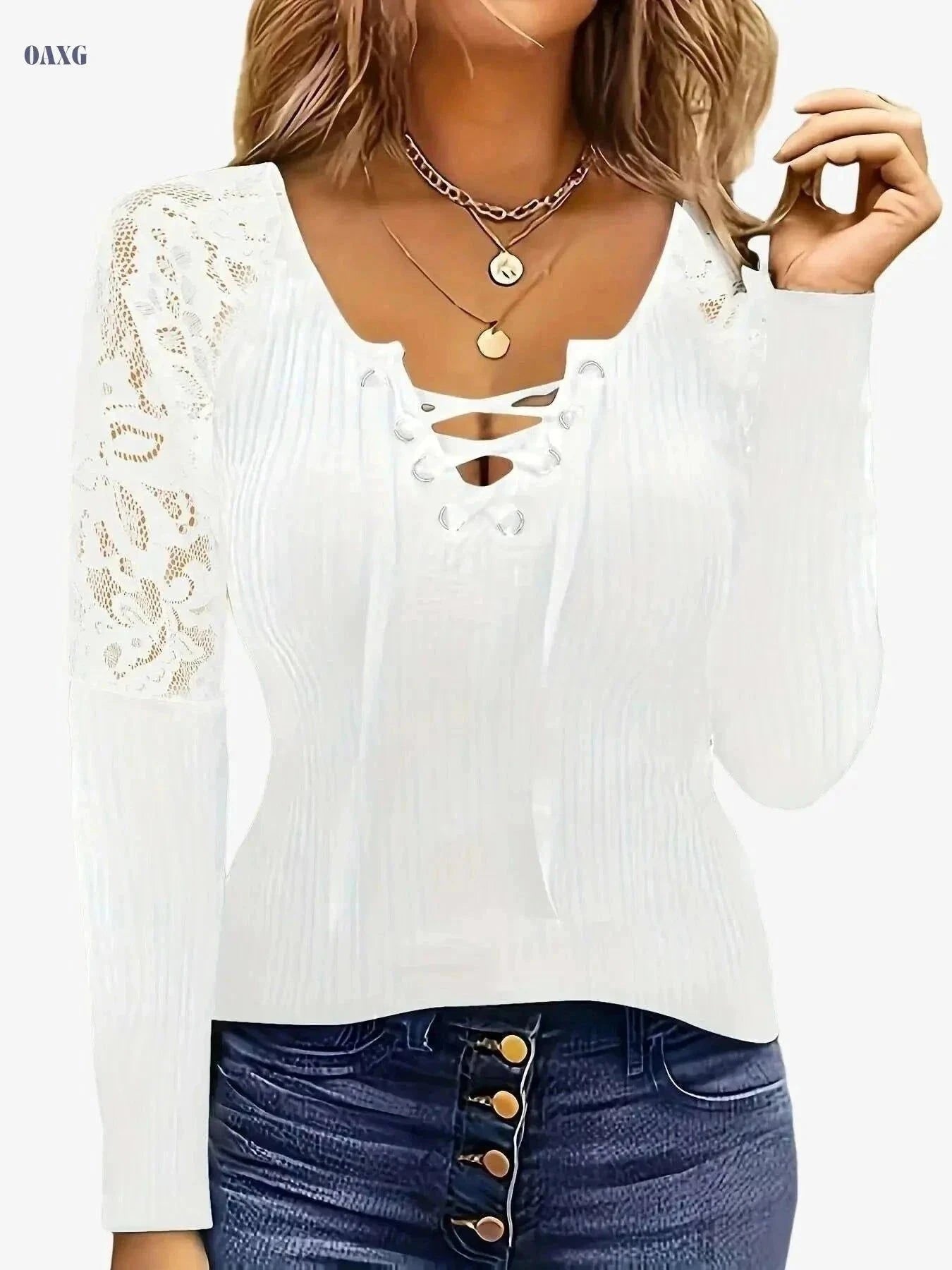 Women's Elegant V-Neck Blouse – Lace Trim, Long Sleeve Top   OAXG Black / S