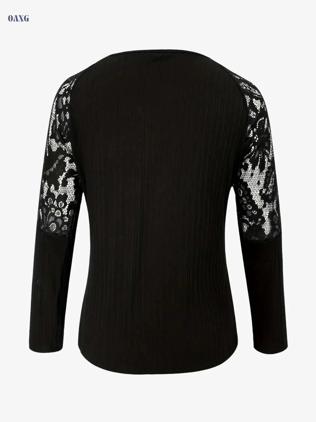 Women's Elegant V-Neck Blouse – Lace Trim, Long Sleeve Top   OAXG Black / S