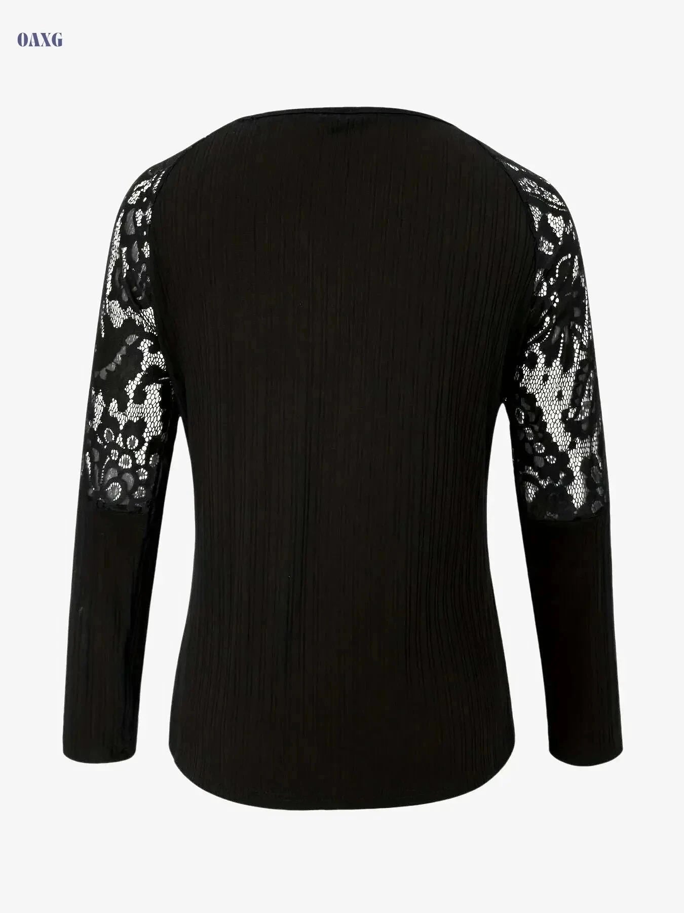 Women's Elegant V-Neck Blouse – Lace Trim, Long Sleeve Top   OAXG Black / S