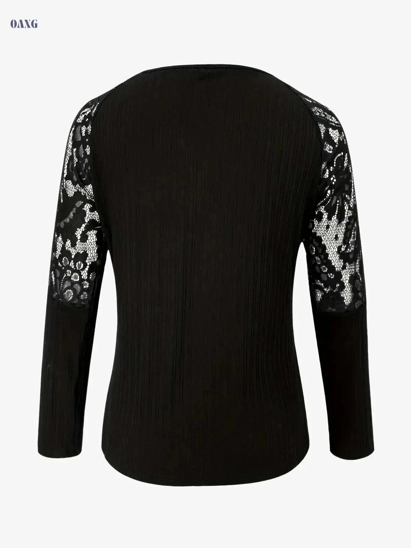 Women's Elegant V-Neck Blouse – Lace Trim, Long Sleeve Top   OAXG Black / S