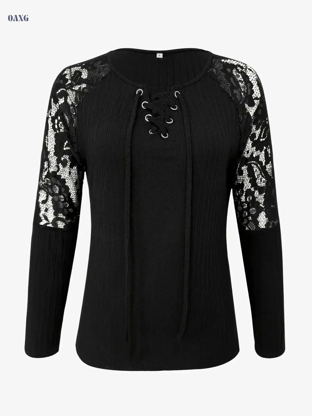Women's Elegant V-Neck Blouse – Lace Trim, Long Sleeve Top   OAXG Black / S