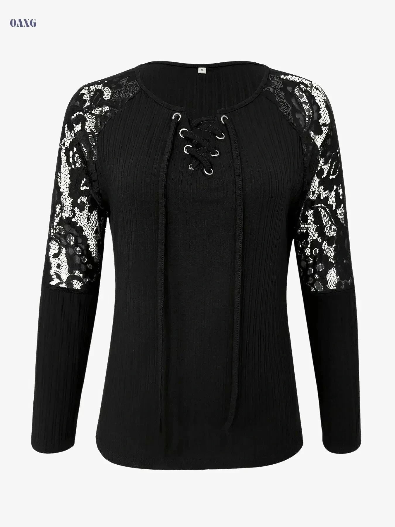 Women's Elegant V-Neck Blouse – Lace Trim, Long Sleeve Top   OAXG Black / S