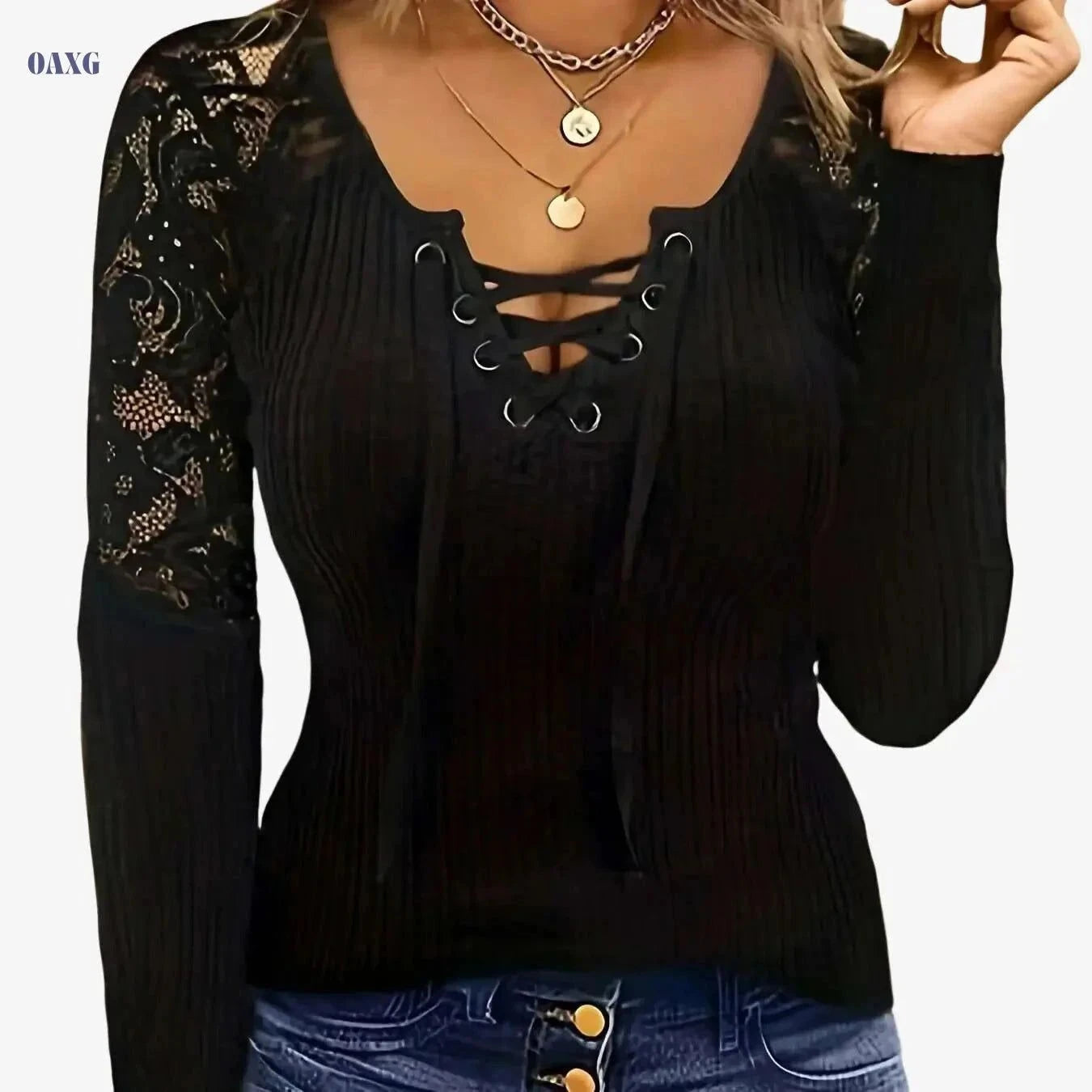 Women's Elegant V-Neck Blouse – Lace Trim, Long Sleeve Top   OAXG Black / S
