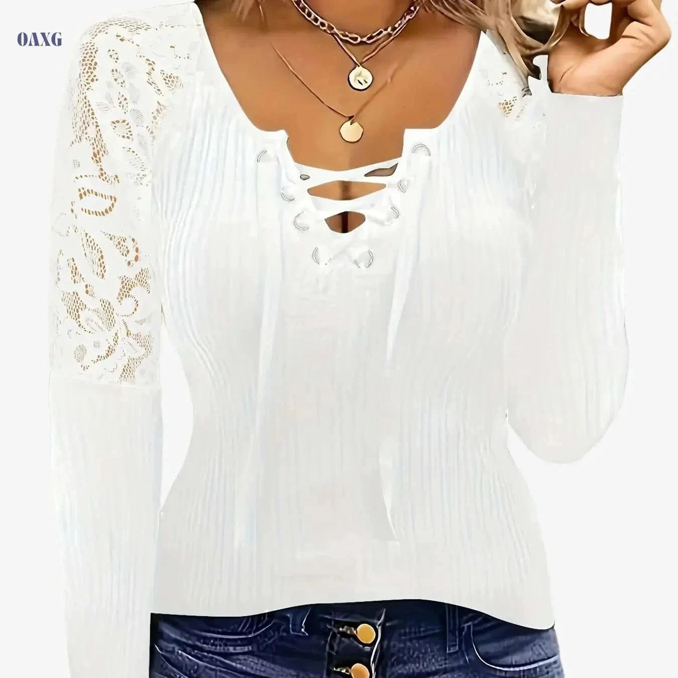 Women's Elegant V-Neck Blouse – Lace Trim, Long Sleeve Top   OAXG Black / S