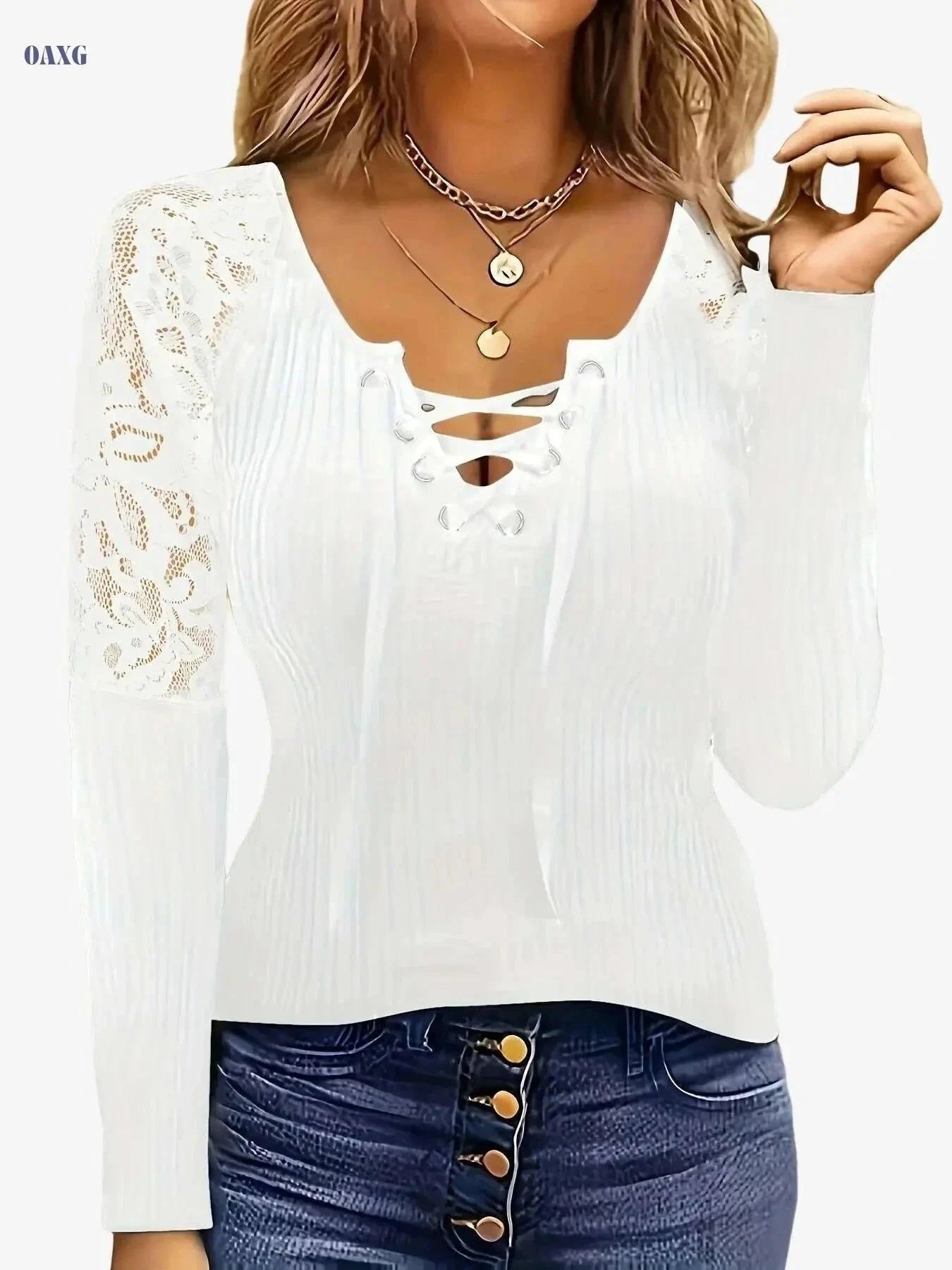Women's Elegant V-Neck Blouse – Lace Trim, Long Sleeve Top   OAXG Black / S