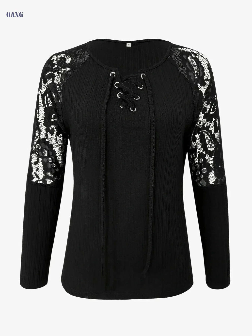 Women's Elegant V-Neck Blouse – Lace Trim, Long Sleeve Top   OAXG Black / S