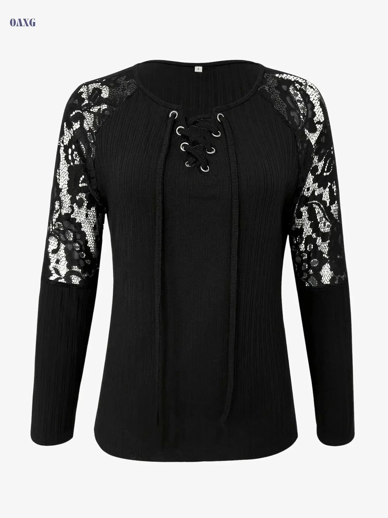 Women's Elegant V-Neck Blouse – Lace Trim, Long Sleeve Top   OAXG Black / S