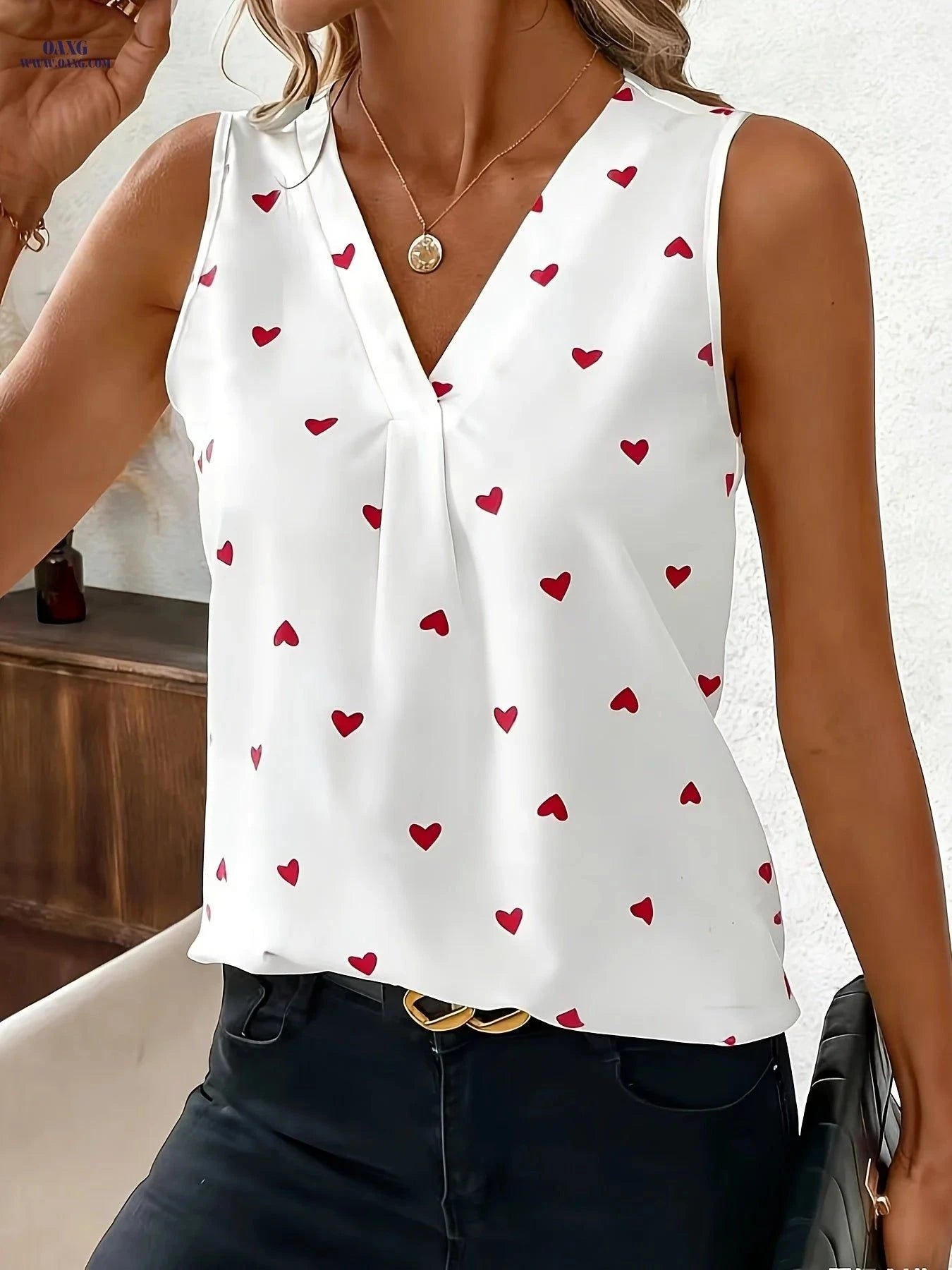 Women's Elegant V-Neck Blouse - Random Heart Print for Valentine’s Day   OAXG White / S