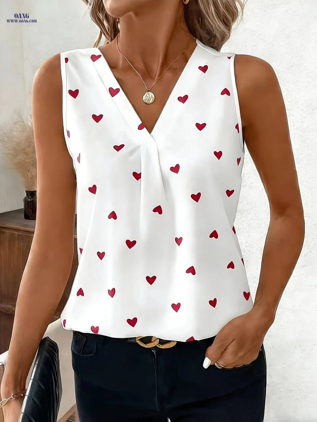 Women's Elegant V-Neck Blouse - Random Heart Print for Valentine’s Day   OAXG White / S