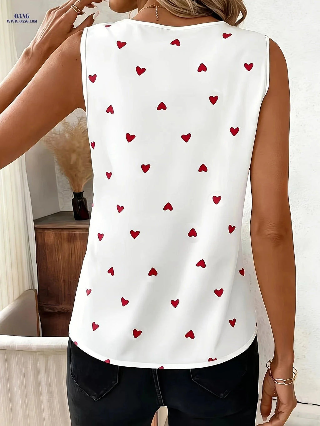 Women's Elegant V-Neck Blouse - Random Heart Print for Valentine’s Day   OAXG White / S