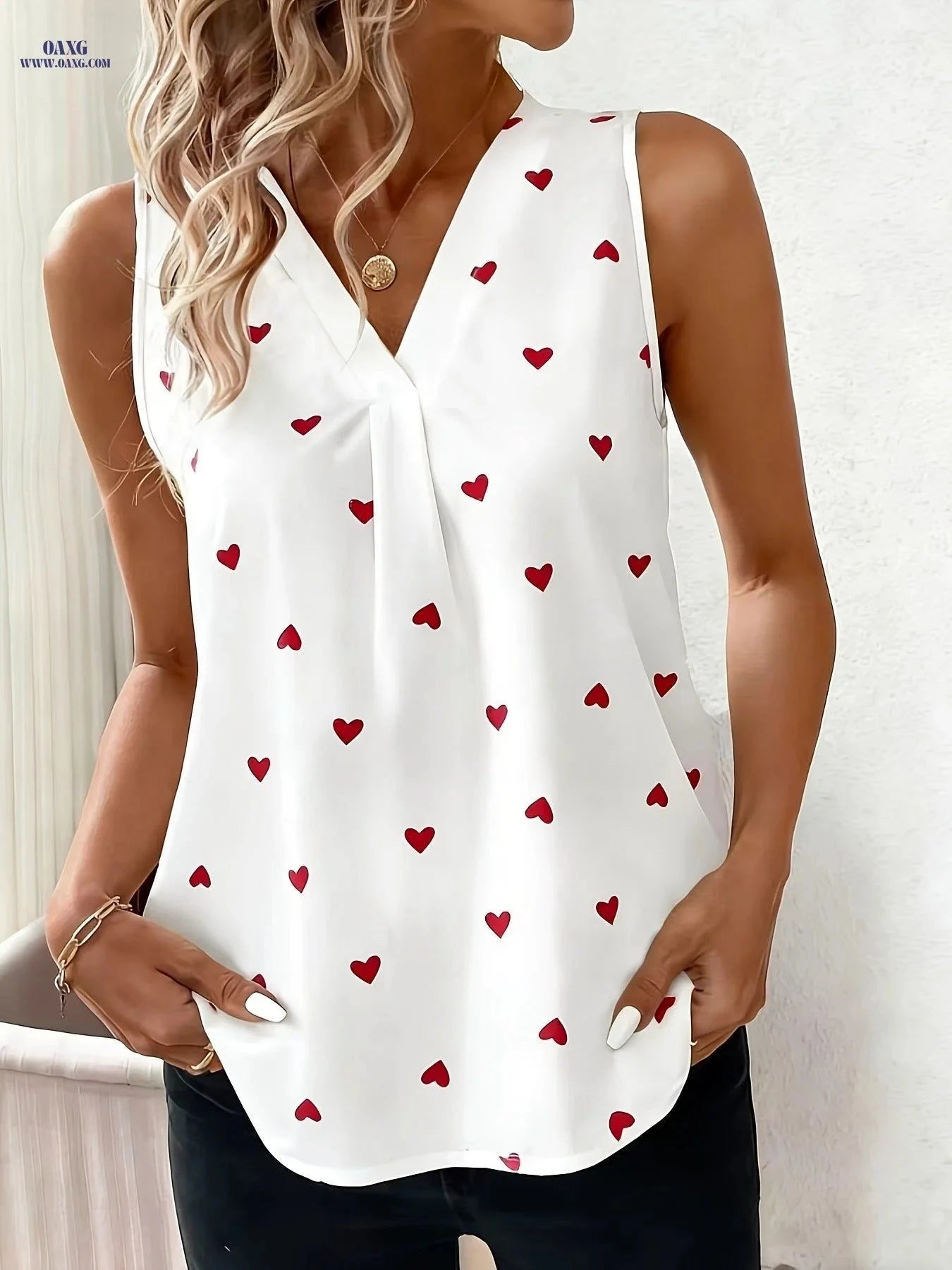Women's Elegant V-Neck Blouse - Random Heart Print for Valentine’s Day   OAXG White / S