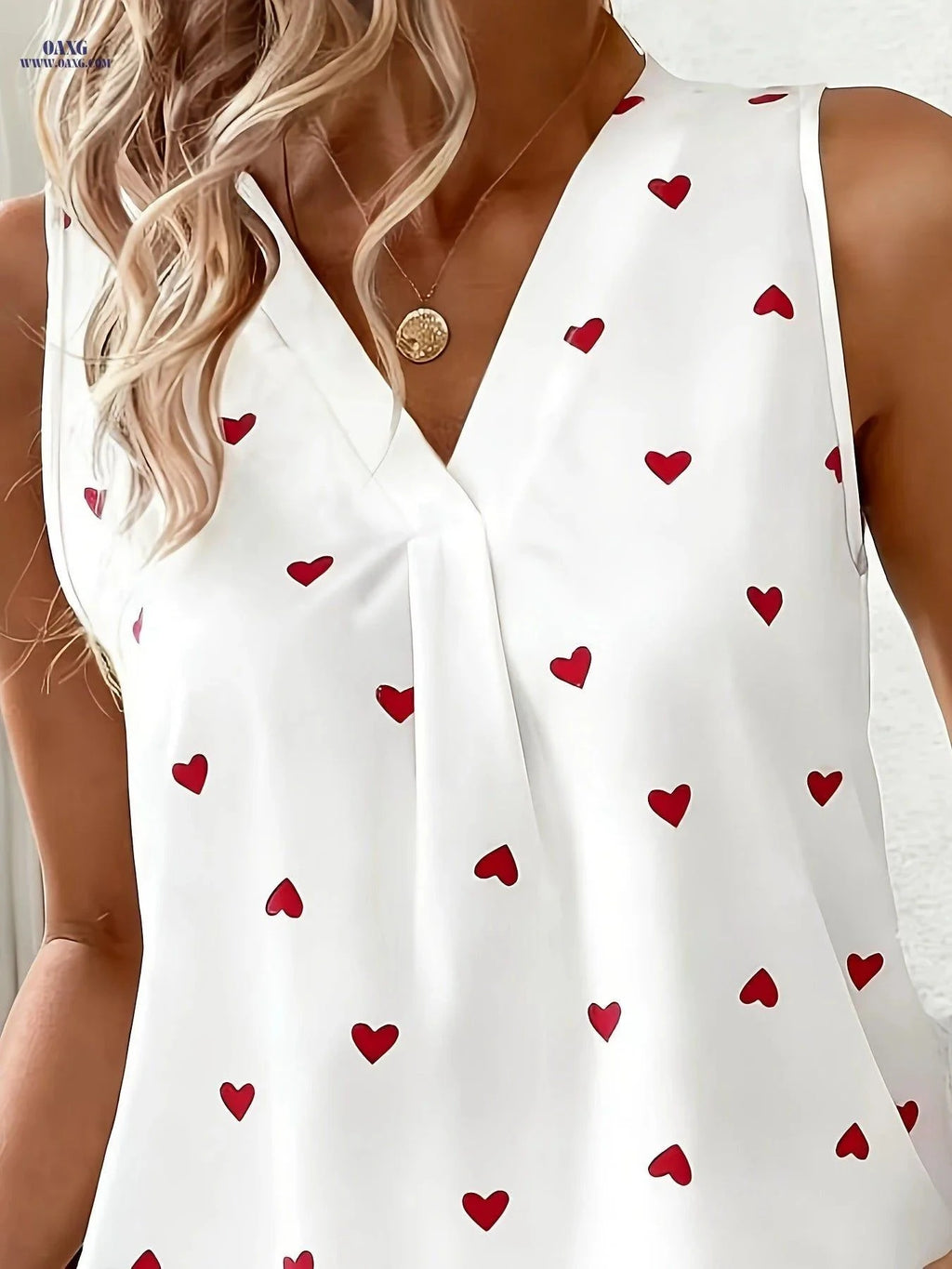Women's Elegant V-Neck Blouse - Random Heart Print for Valentine’s Day   OAXG White / S