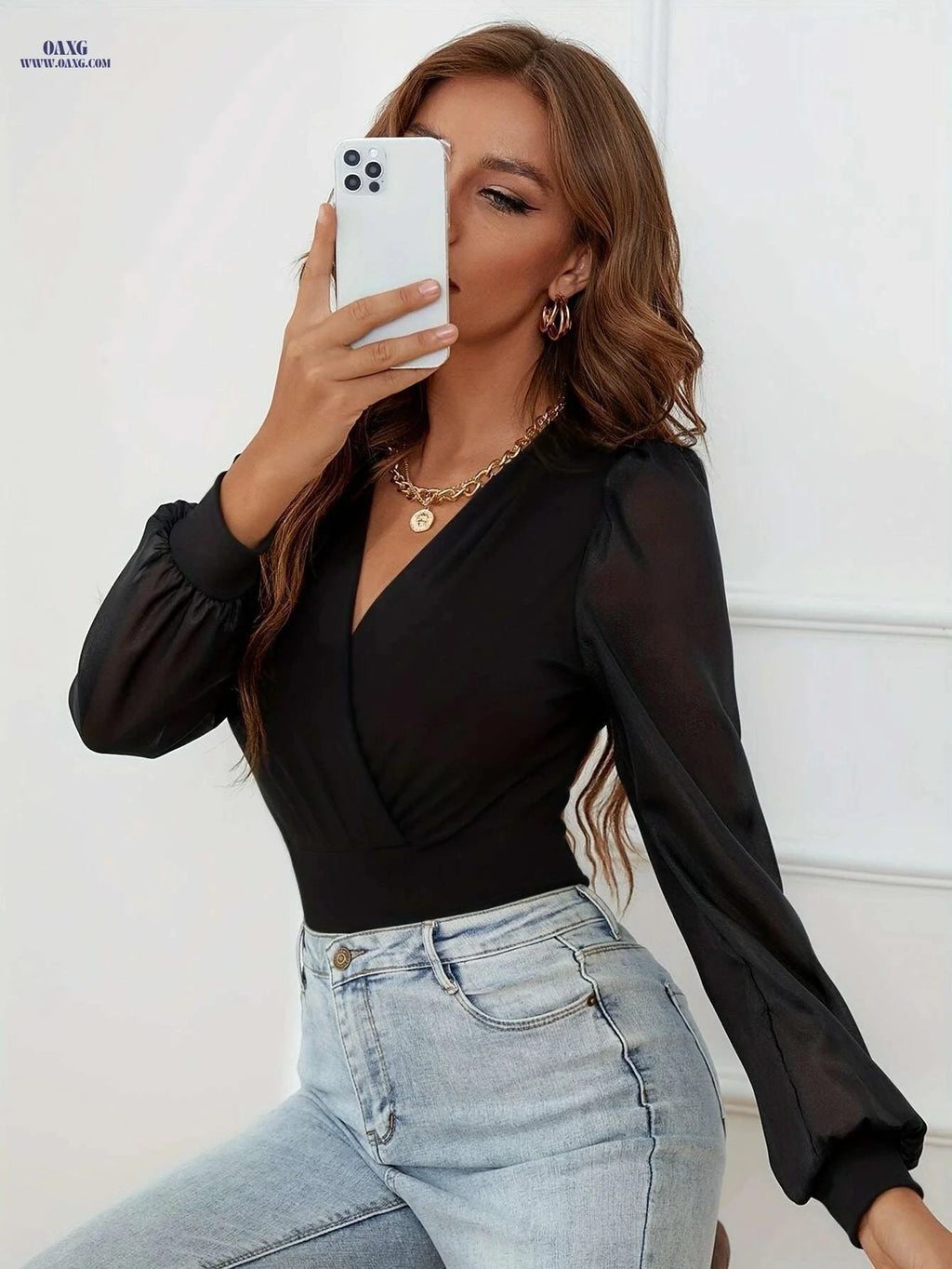 Women's Elegant V-Neck Bodycon Dress - Sexy Solid Black All-Season   OAXG Black / S