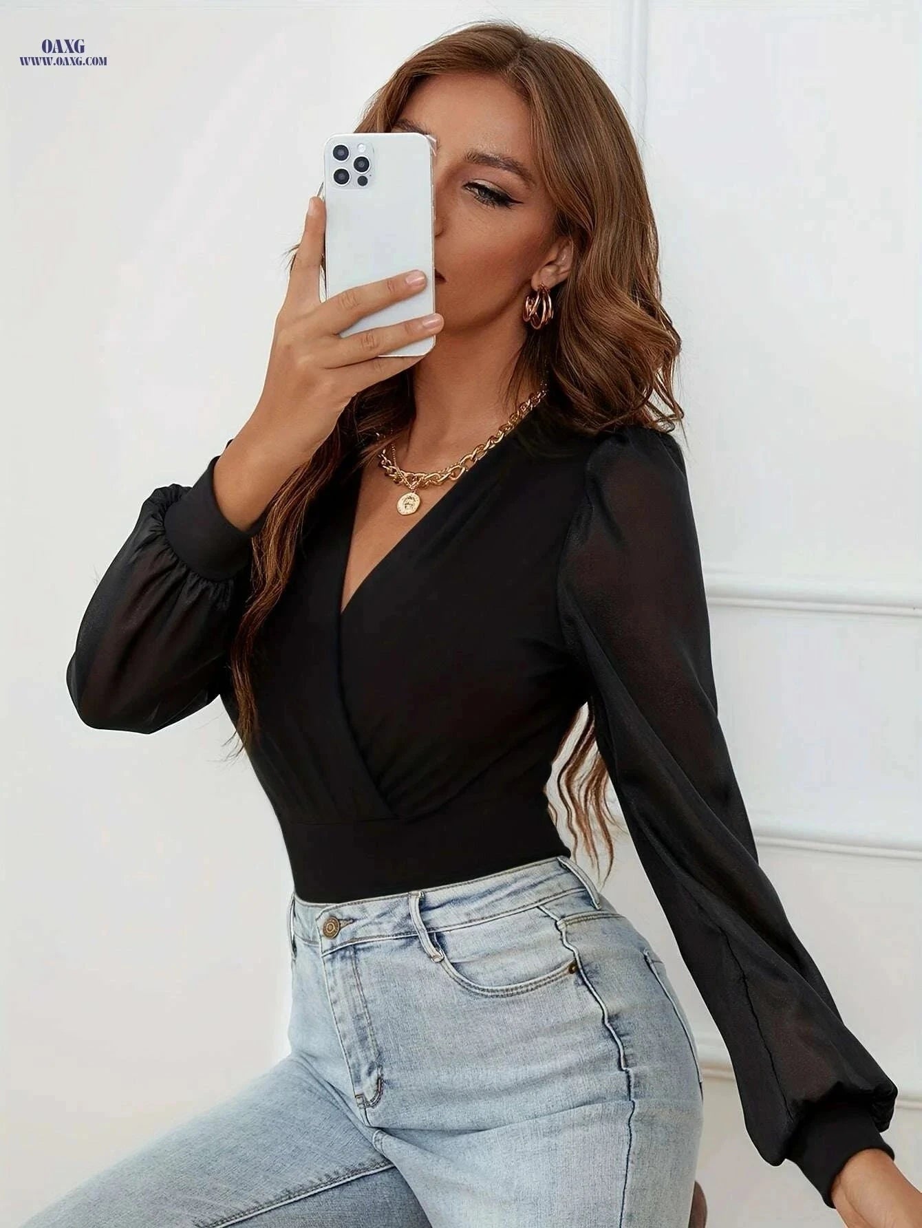 Women's Elegant V-Neck Bodycon Dress - Sexy Solid Black All-Season   OAXG Black / S