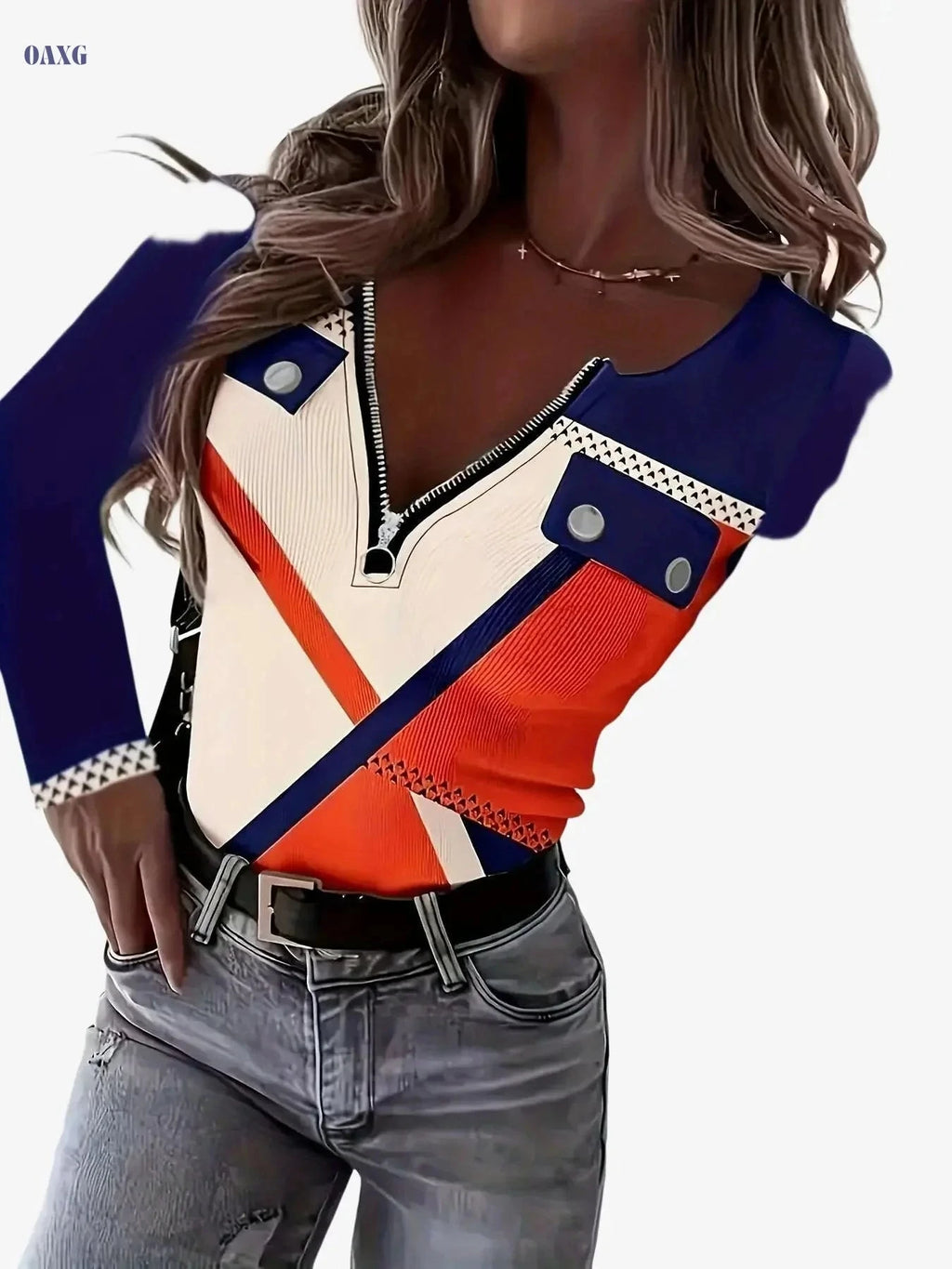 Women's Elegant V-Neck Color Block T-Shirt with Zipper Accents   OAXG 