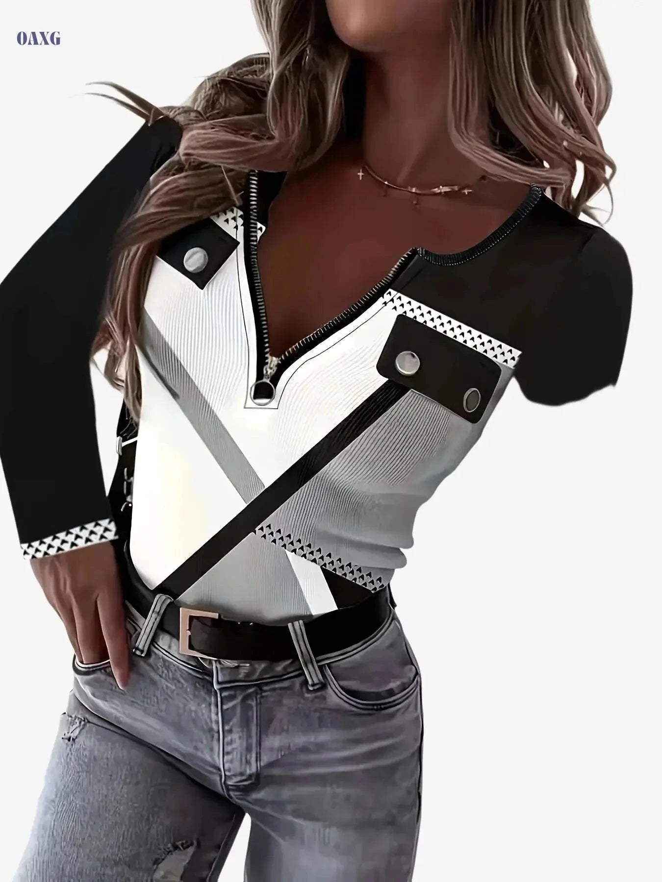 Women's Elegant V-Neck Color Block T-Shirt with Zipper Accents   OAXG Black And White Color / S