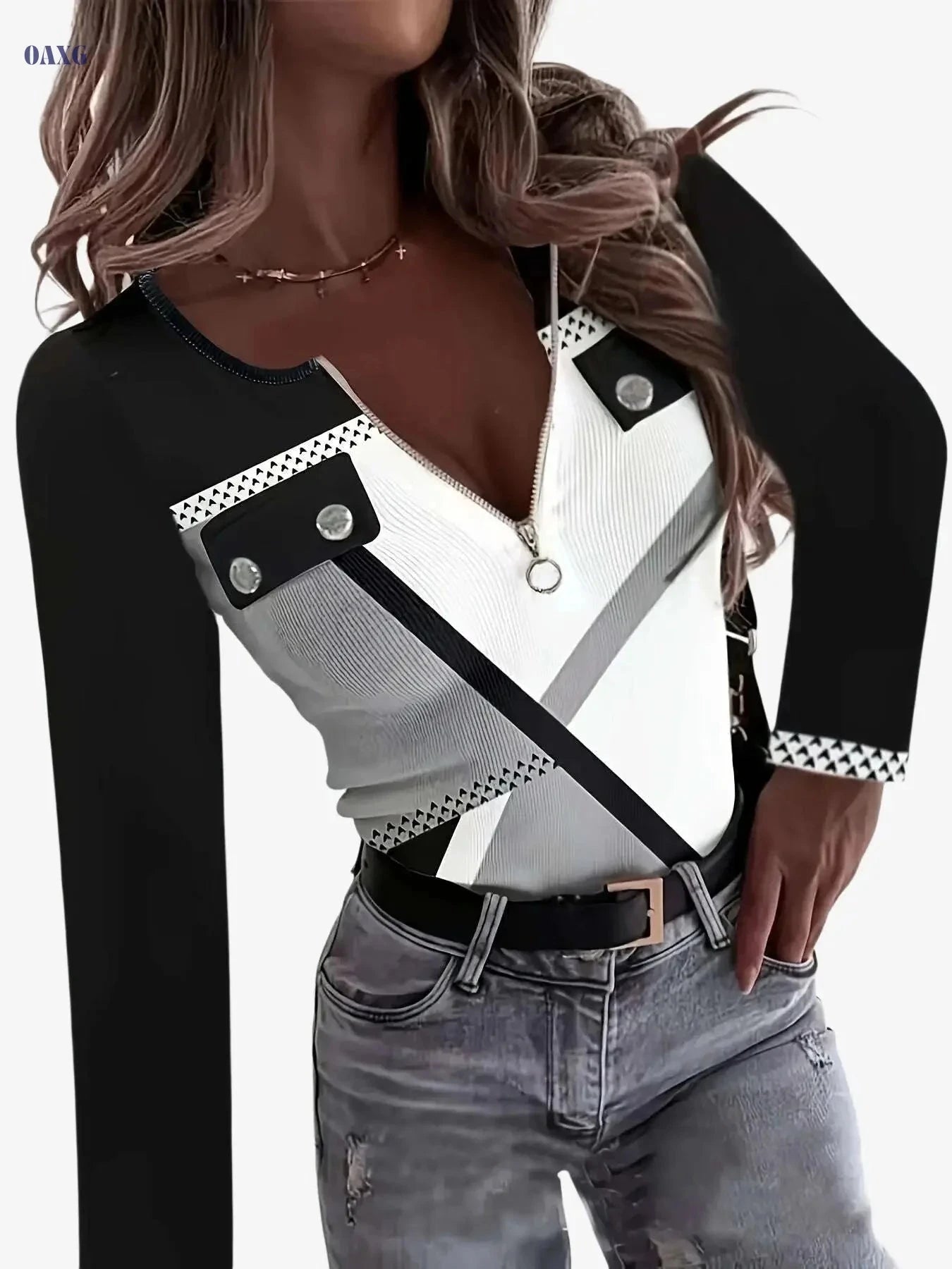 Women's Elegant V-Neck Color Block T-Shirt with Zipper Accents   OAXG Black And White Color / S