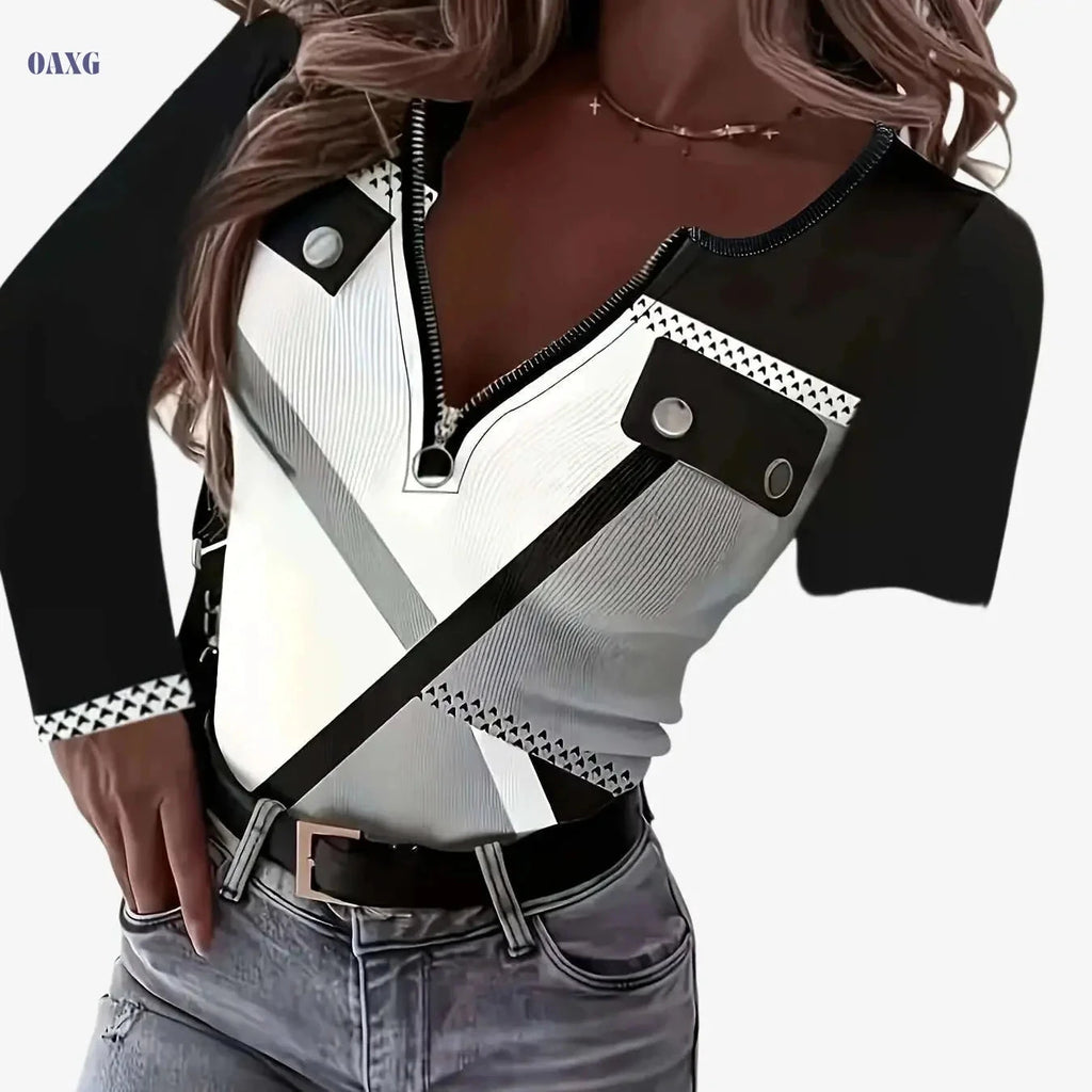 Women's Elegant V-Neck Color Block T-Shirt with Zipper Accents   OAXG Black And White Color / S