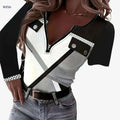 Women's Elegant V-Neck Color Block T-Shirt with Zipper Accents   OAXG Black And White Color / S