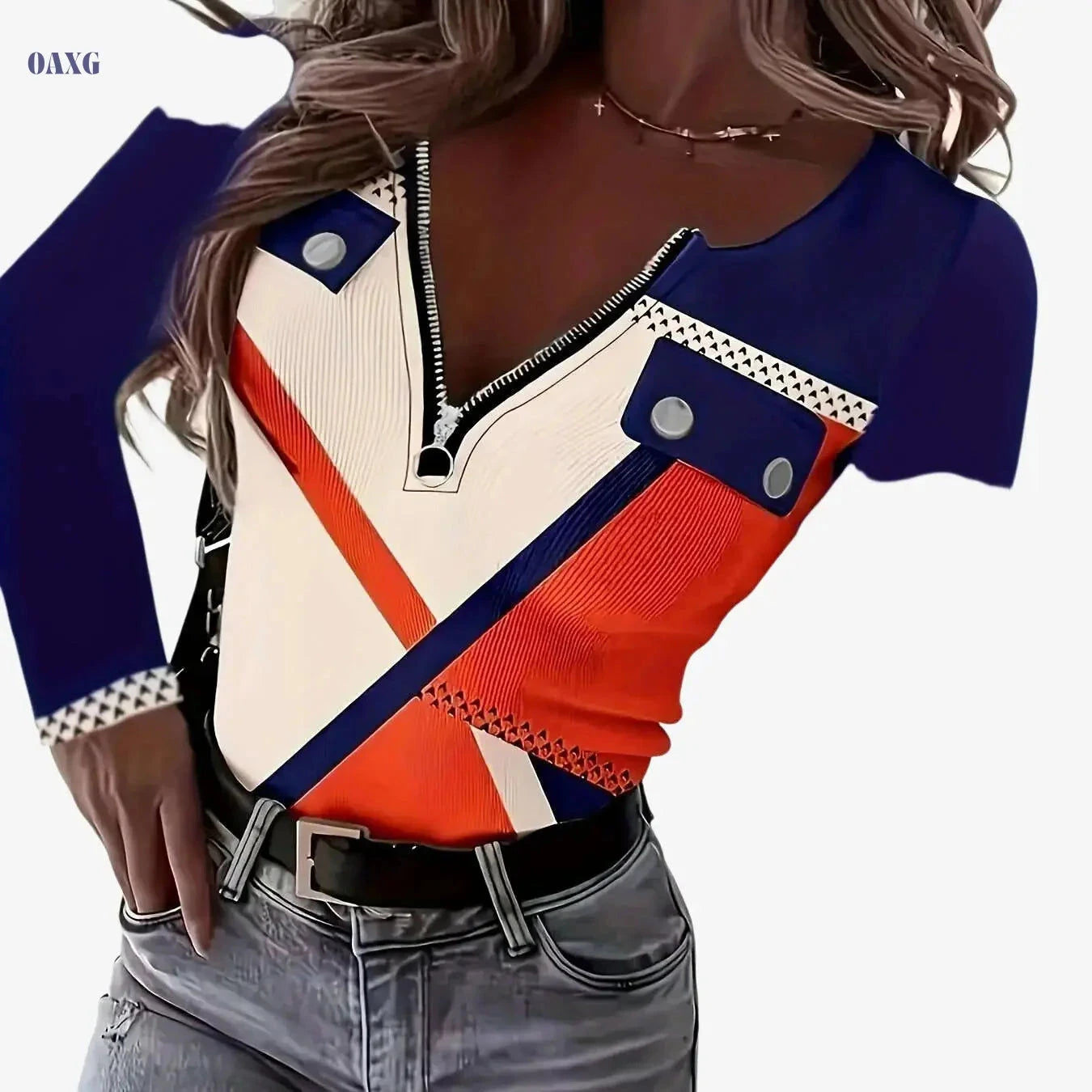 Women's Elegant V-Neck Color Block T-Shirt with Zipper Accents   OAXG 