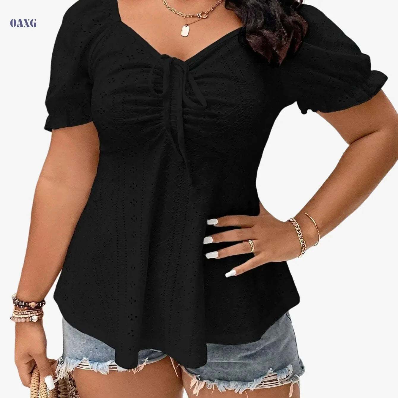 Women's Elegant V-Neck Embroidered T-Shirt - High Elasticity, Puff Sleeves   OAXG 