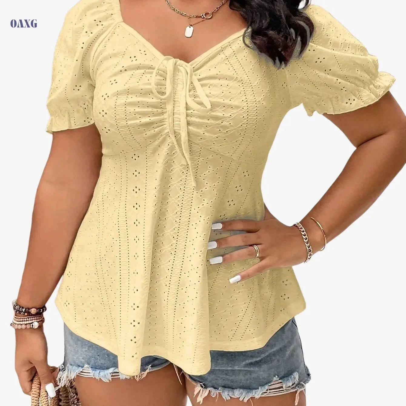 Women's Elegant V-Neck Embroidered T-Shirt - High Elasticity, Puff Sleeves   OAXG 