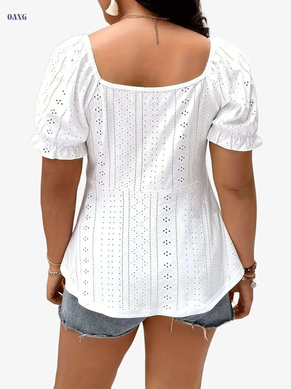 Women's Elegant V-Neck Embroidered T-Shirt - High Elasticity, Puff Sleeves   OAXG White / S