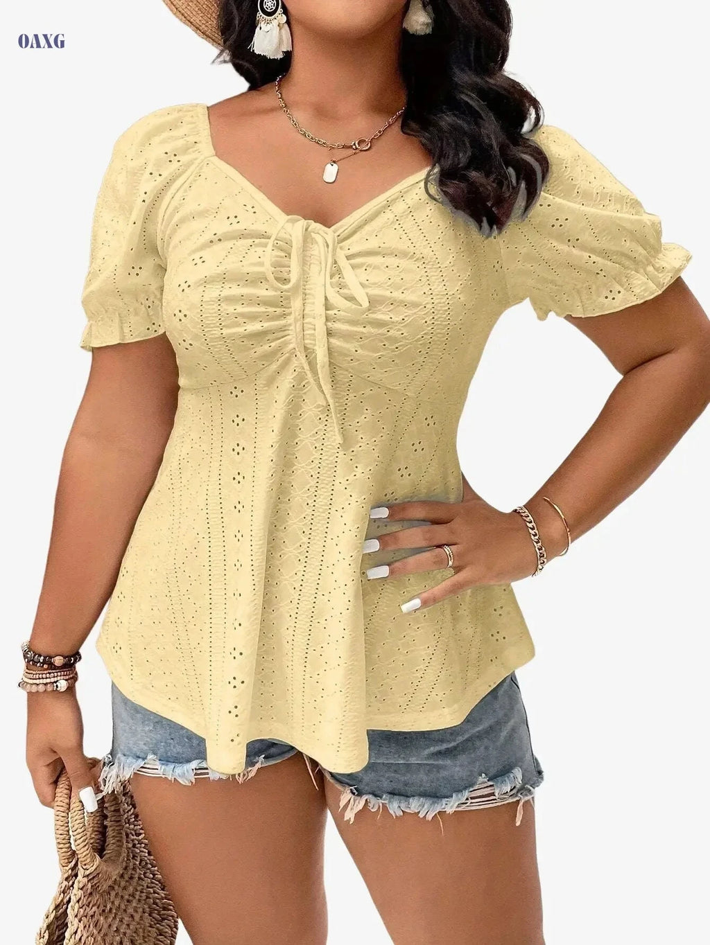 Women's Elegant V-Neck Embroidered T-Shirt - High Elasticity, Puff Sleeves   OAXG 