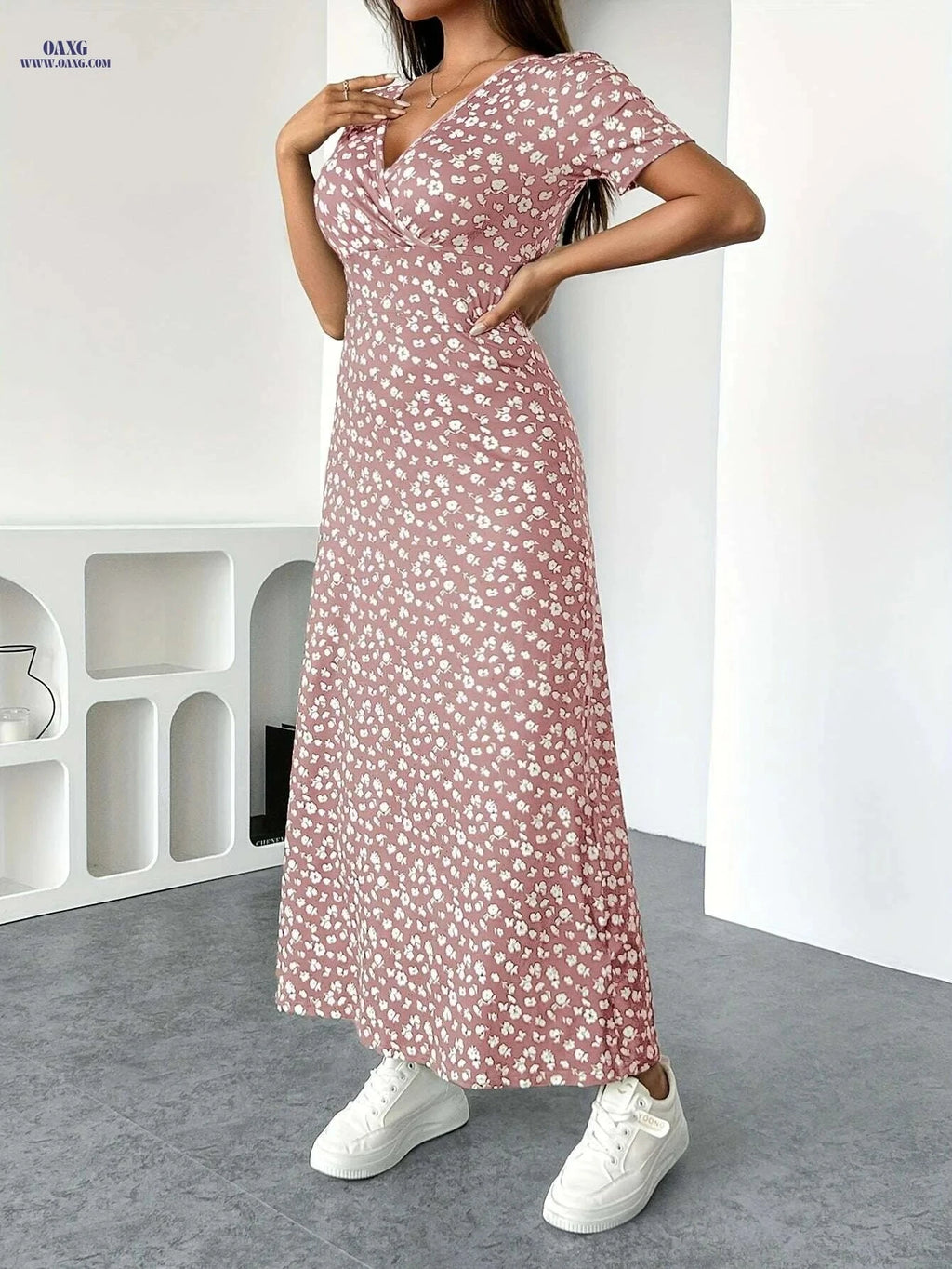 Women's Elegant V-Neck Floral Dress - High Elasticity, Machine Washable   OAXG 02-Tender Pink / XS