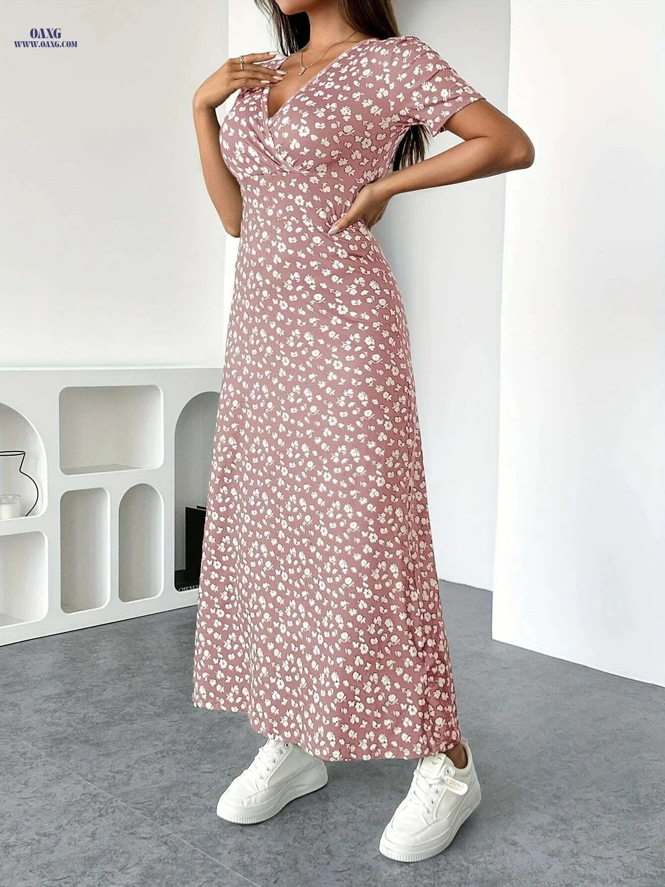 Women's Elegant V-Neck Floral Dress - High Elasticity, Machine Washable   OAXG 02-Tender Pink / XS