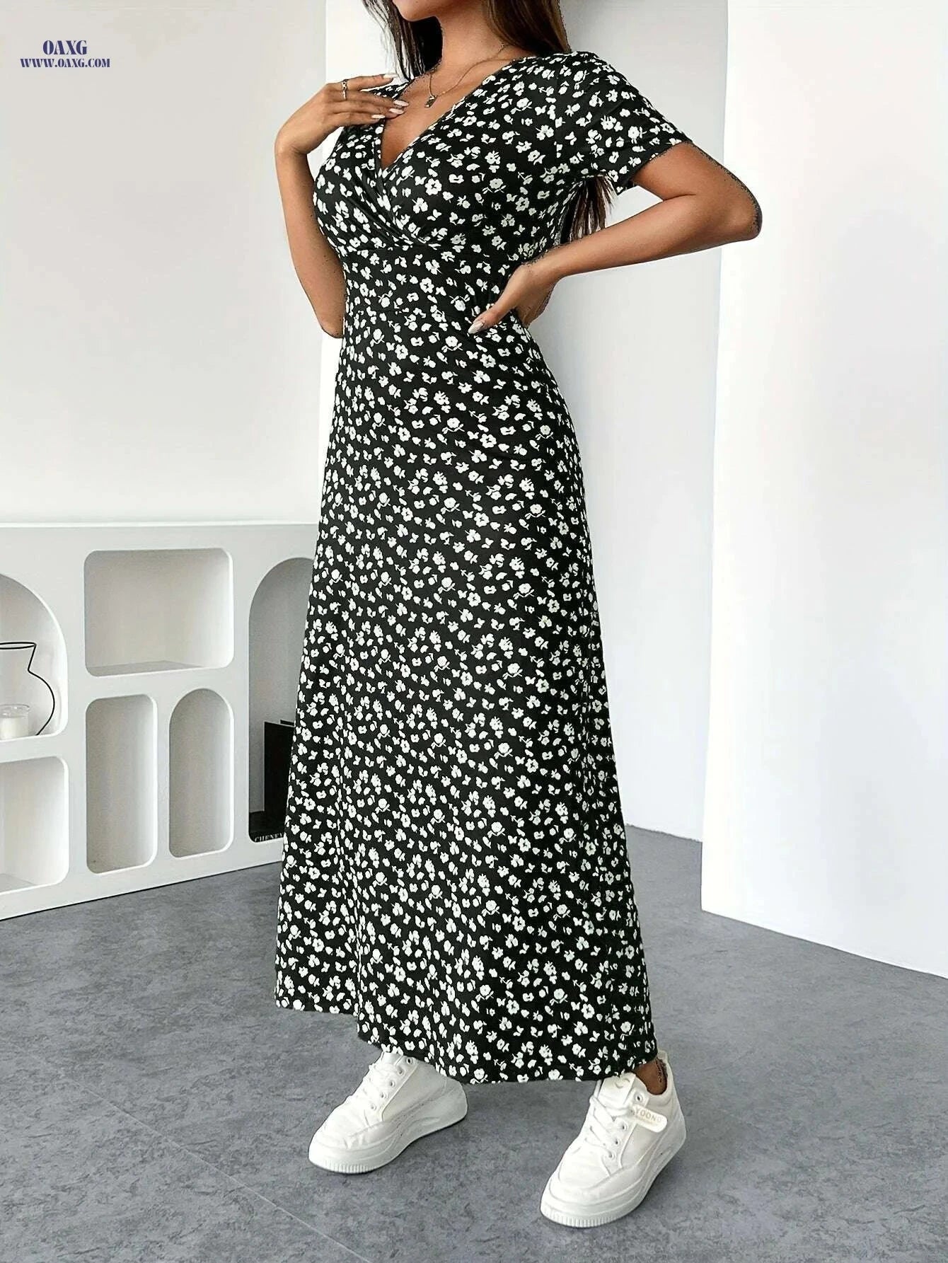 Women's Elegant V-Neck Floral Dress - High Elasticity, Machine Washable   OAXG 02-Tender Pink / XS
