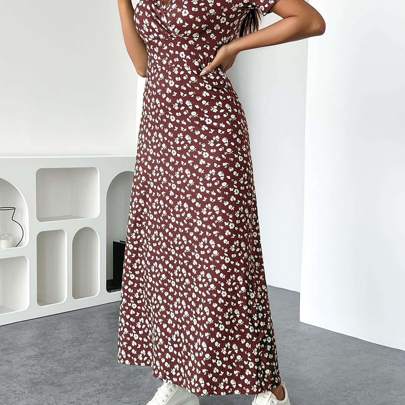 Women's Elegant V-Neck Floral Dress - High Elasticity, Machine Washable   OAXG 02-Tender Pink / XS