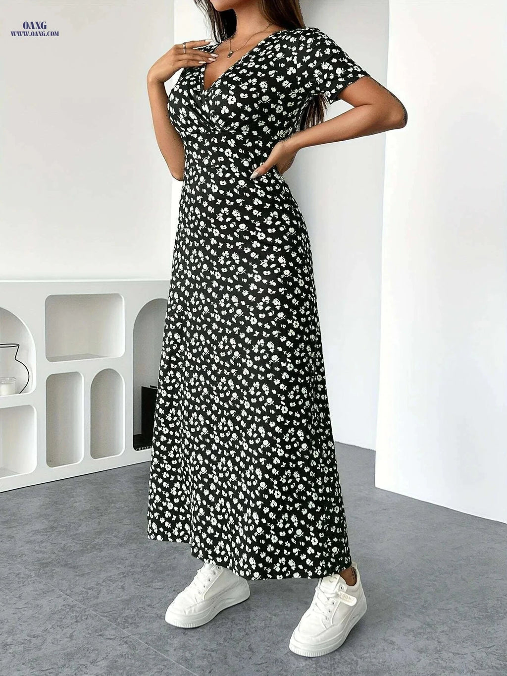 Women's Elegant V-Neck Floral Dress - High Elasticity, Machine Washable   OAXG 02-Tender Pink / XS