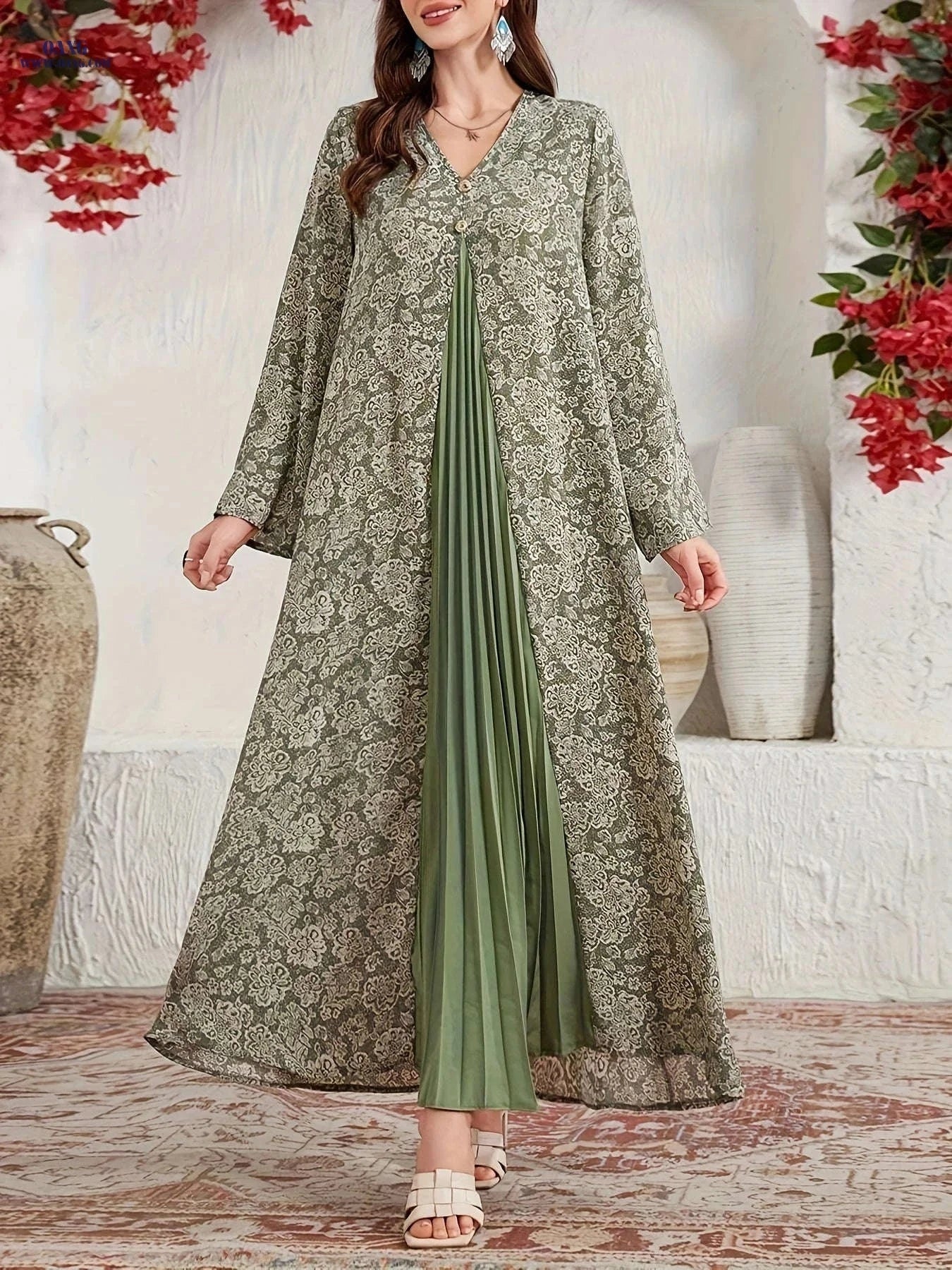 Women's Elegant V-Neck Floral Dress - Loose Fit, All-Season Style   OAXG 