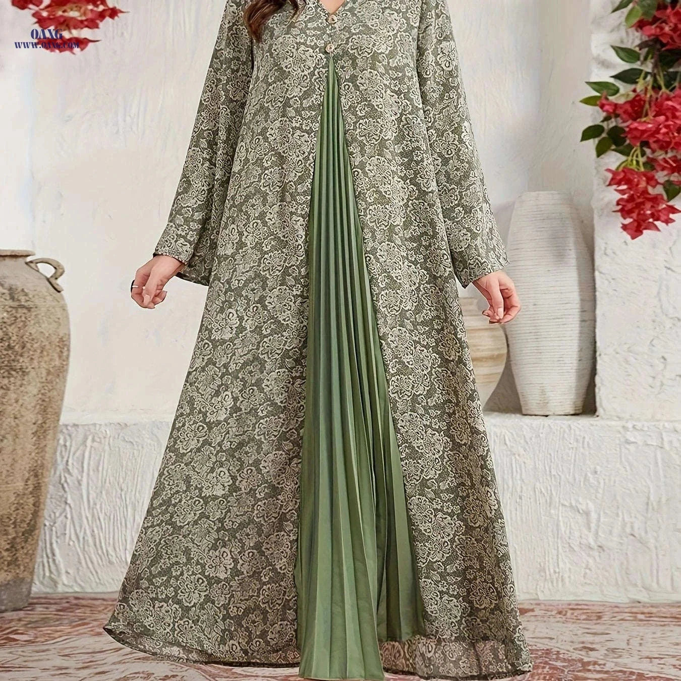 Women's Elegant V-Neck Floral Dress - Loose Fit, All-Season Style   OAXG 