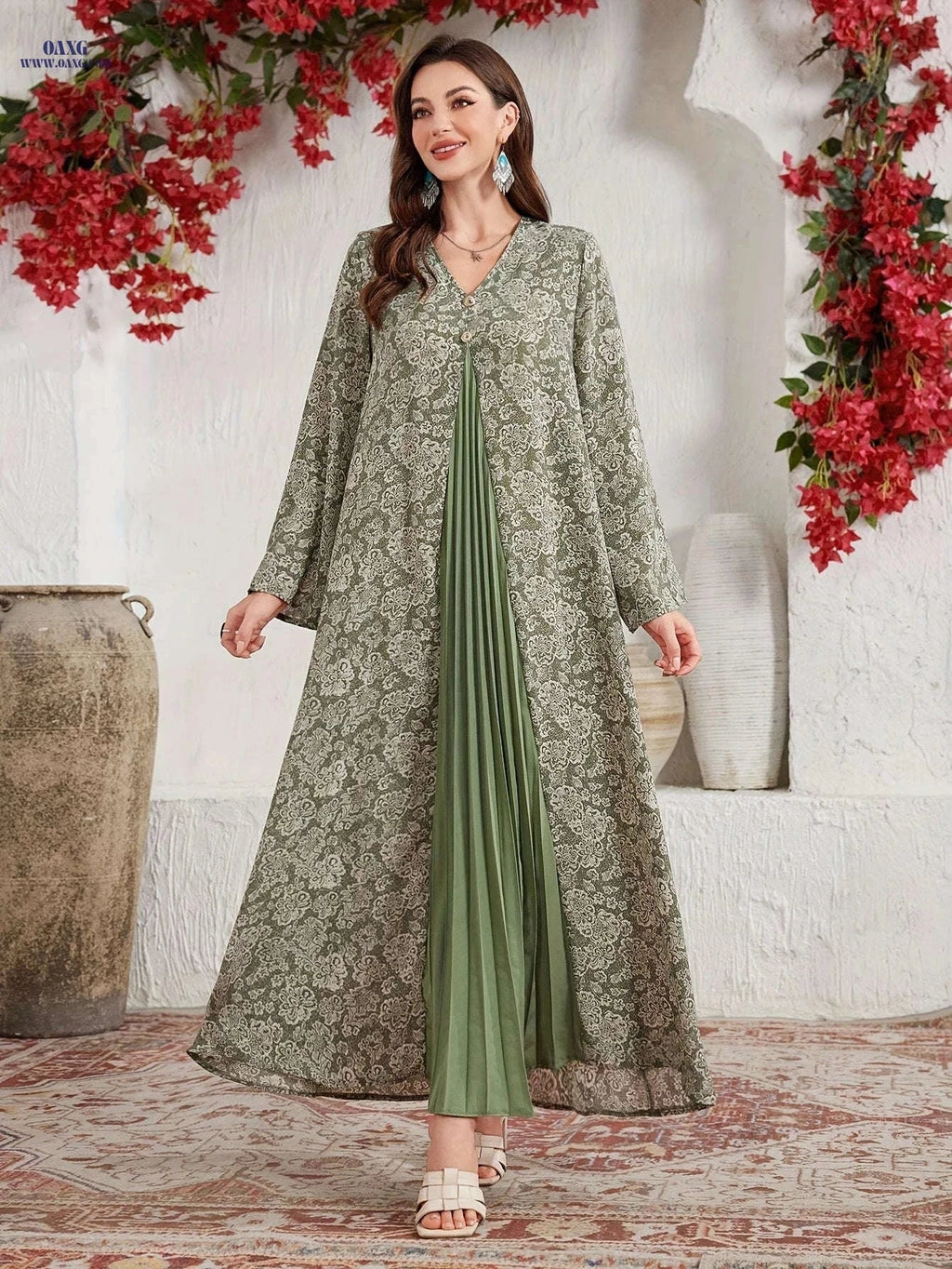 Women's Elegant V-Neck Floral Dress - Loose Fit, All-Season Style   OAXG 【Multicolor】 / S
