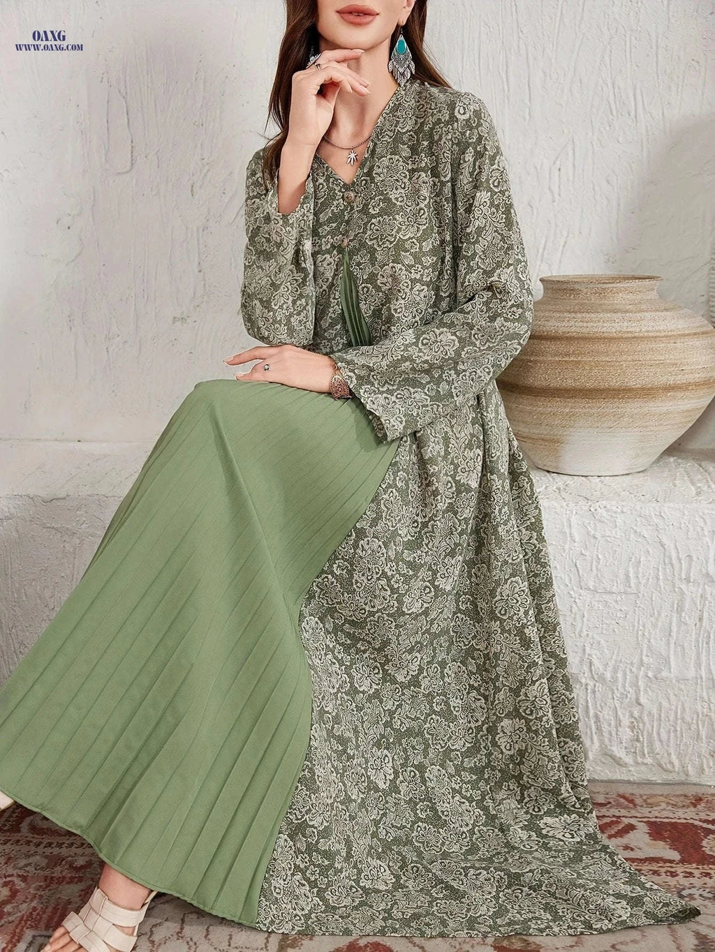 Women's Elegant V-Neck Floral Dress - Loose Fit, All-Season Style   OAXG 【Multicolor】 / S