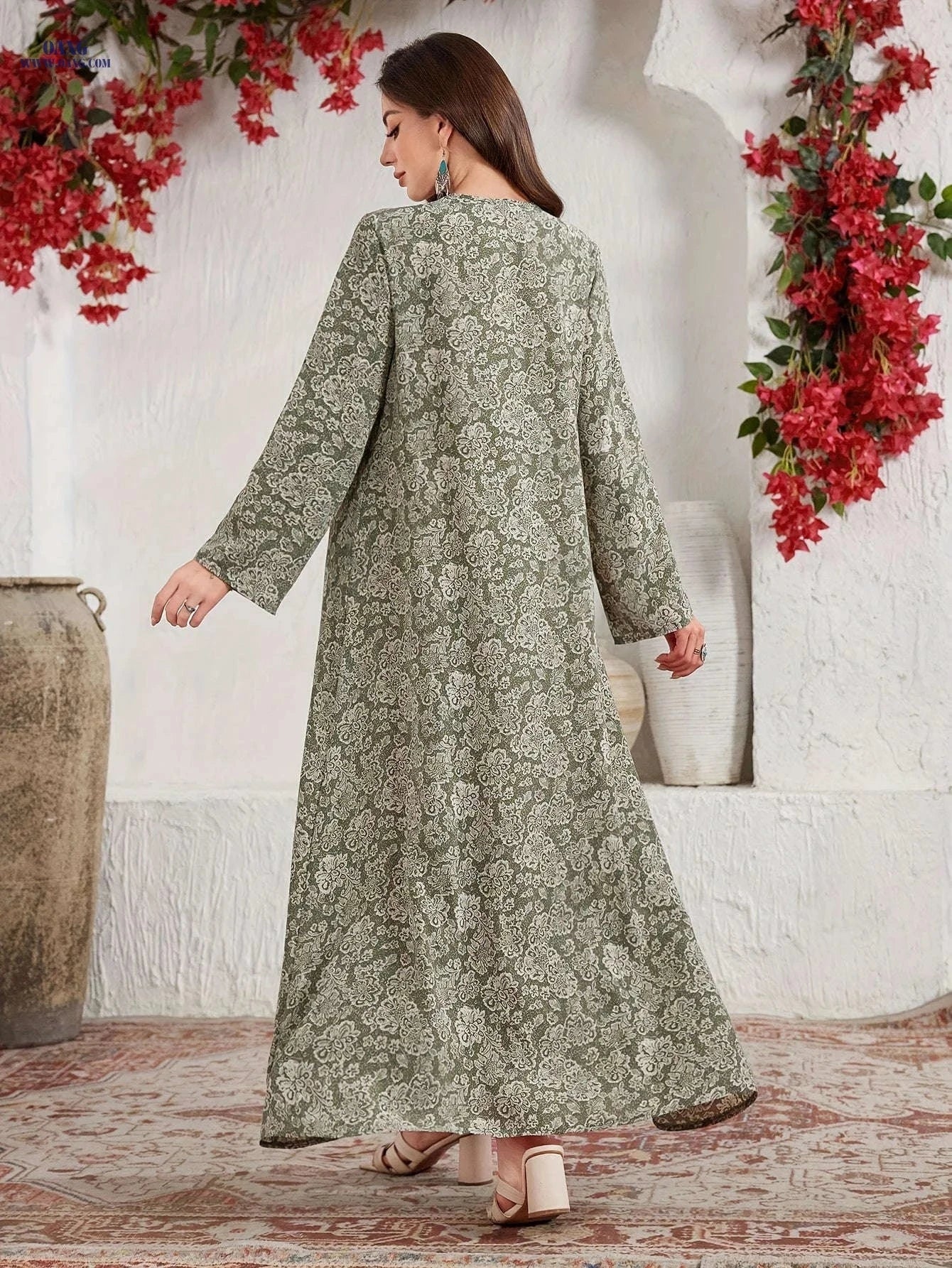 Women's Elegant V-Neck Floral Dress - Loose Fit, All-Season Style   OAXG 【Multicolor】 / S